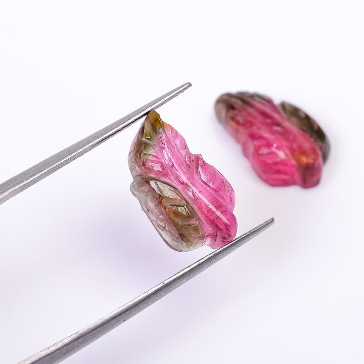 Natural Watermelon Tourmaline Leaf Shape Carved Loose Gemstone Pair For Making Earrings 9.75 Ct. 15X8X4 mm Y-10014