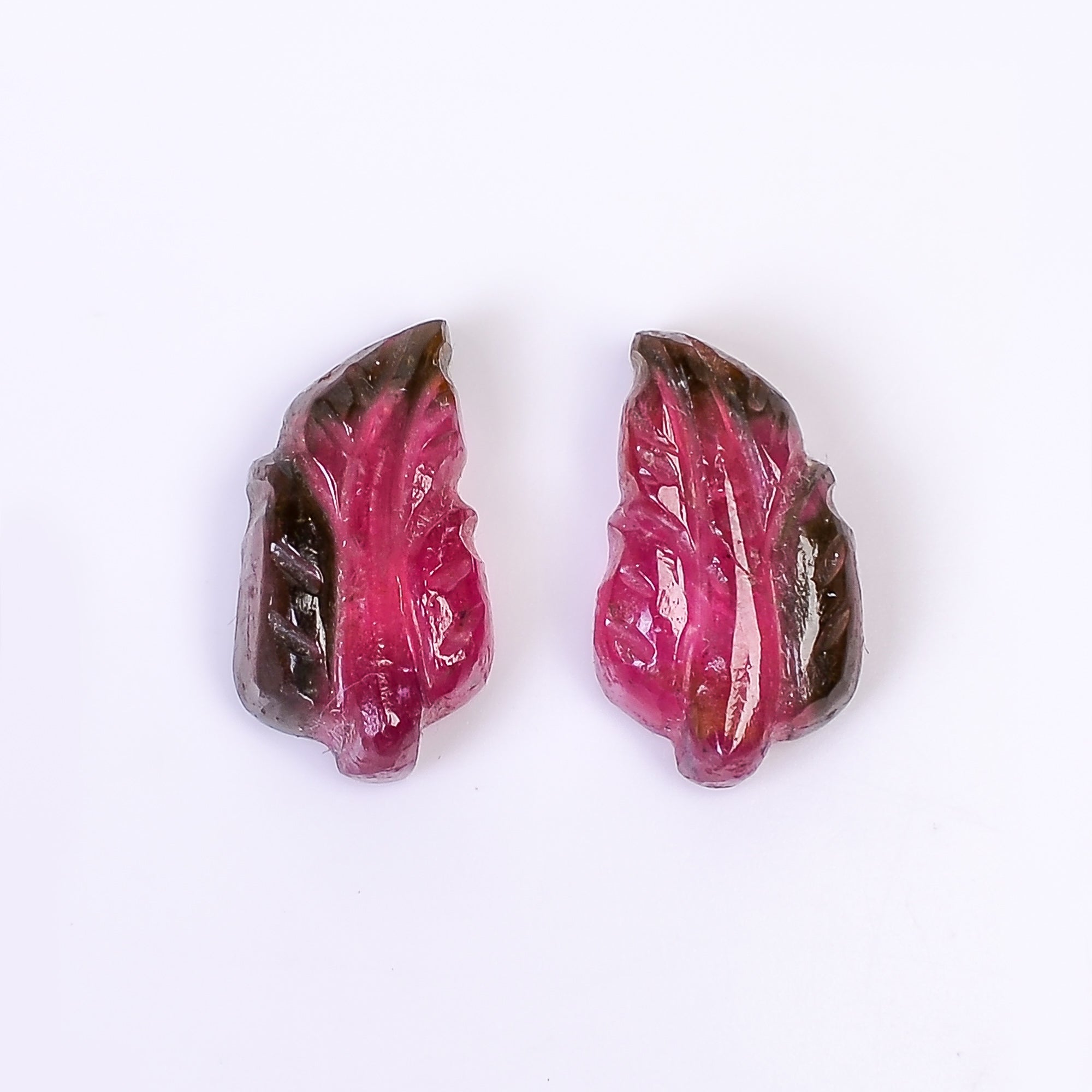Natural Watermelon Tourmaline Leaf Shape Carved Loose Gemstone Pair For Making Earrings 9.75 Ct. 15X8X4 mm Y-10014