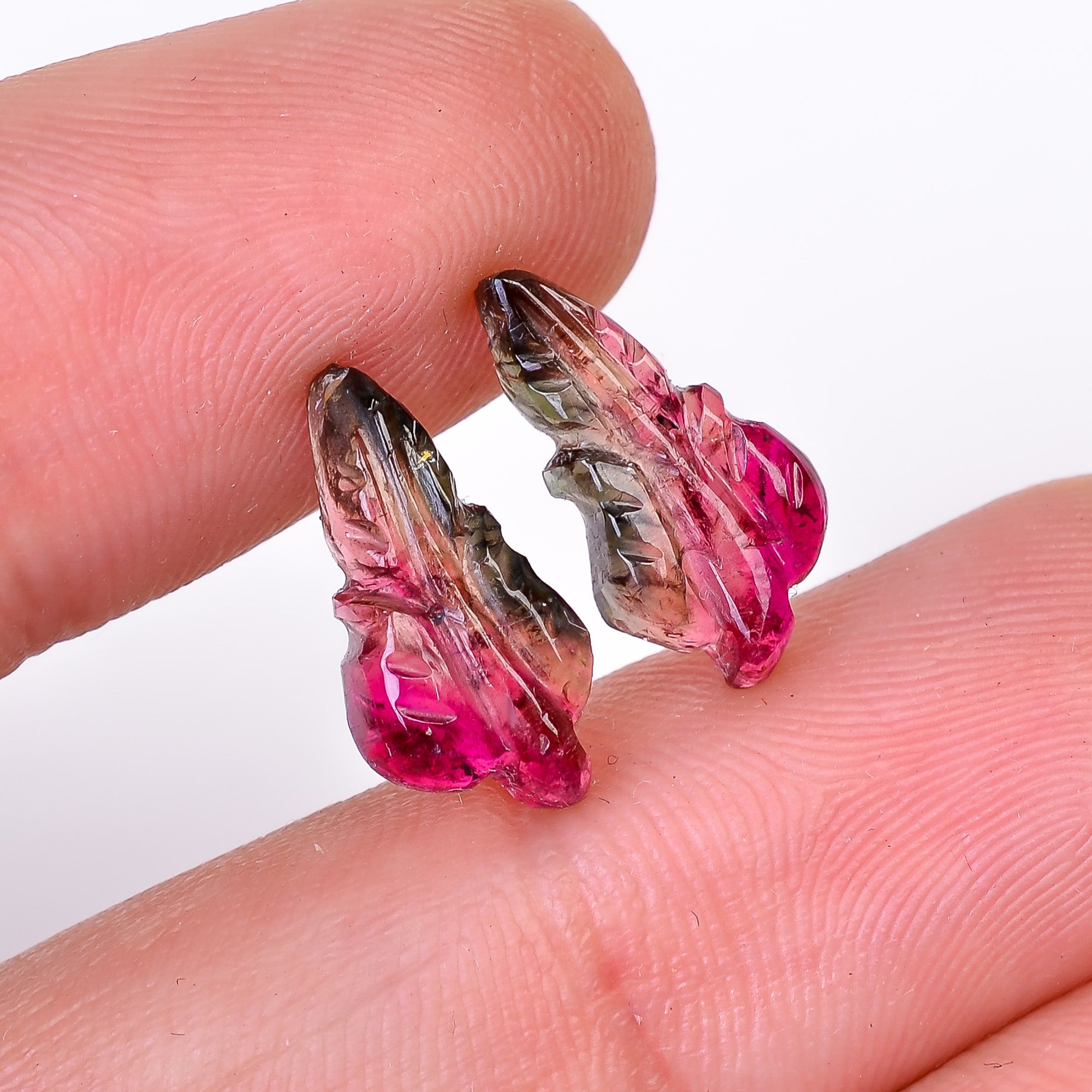 Natural Watermelon Tourmaline Leaf Shape Carved Loose Gemstone Pair For Making Earrings 4.65 Ct. 14X7X3 mm Y-10015