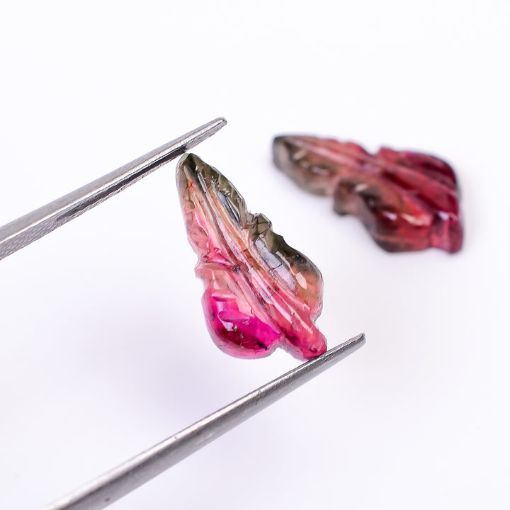 Natural Watermelon Tourmaline Leaf Shape Carved Loose Gemstone Pair For Making Earrings 4.65 Ct. 14X7X3 mm Y-10015