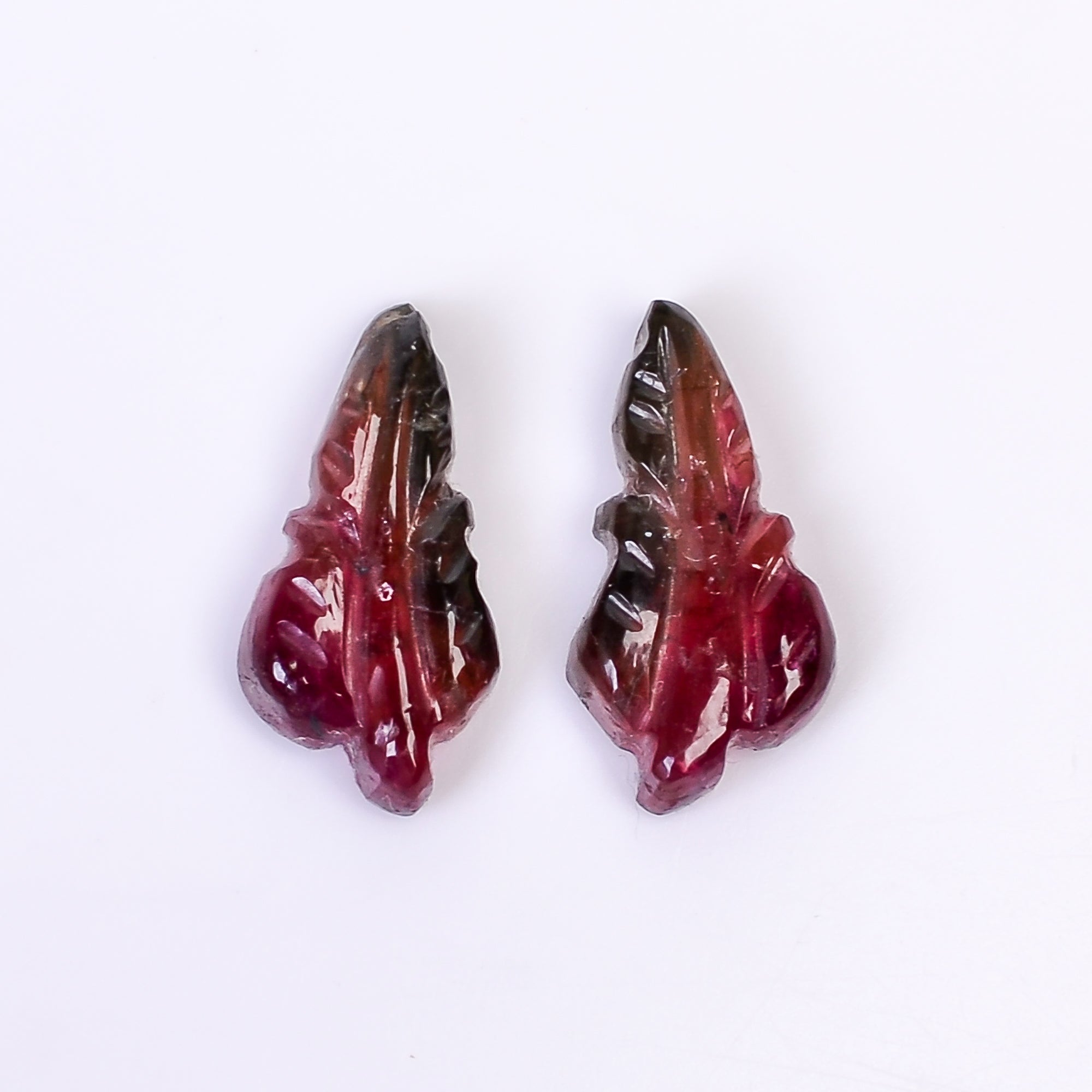Natural Watermelon Tourmaline Leaf Shape Carved Loose Gemstone Pair For Making Earrings 4.65 Ct. 14X7X3 mm Y-10015