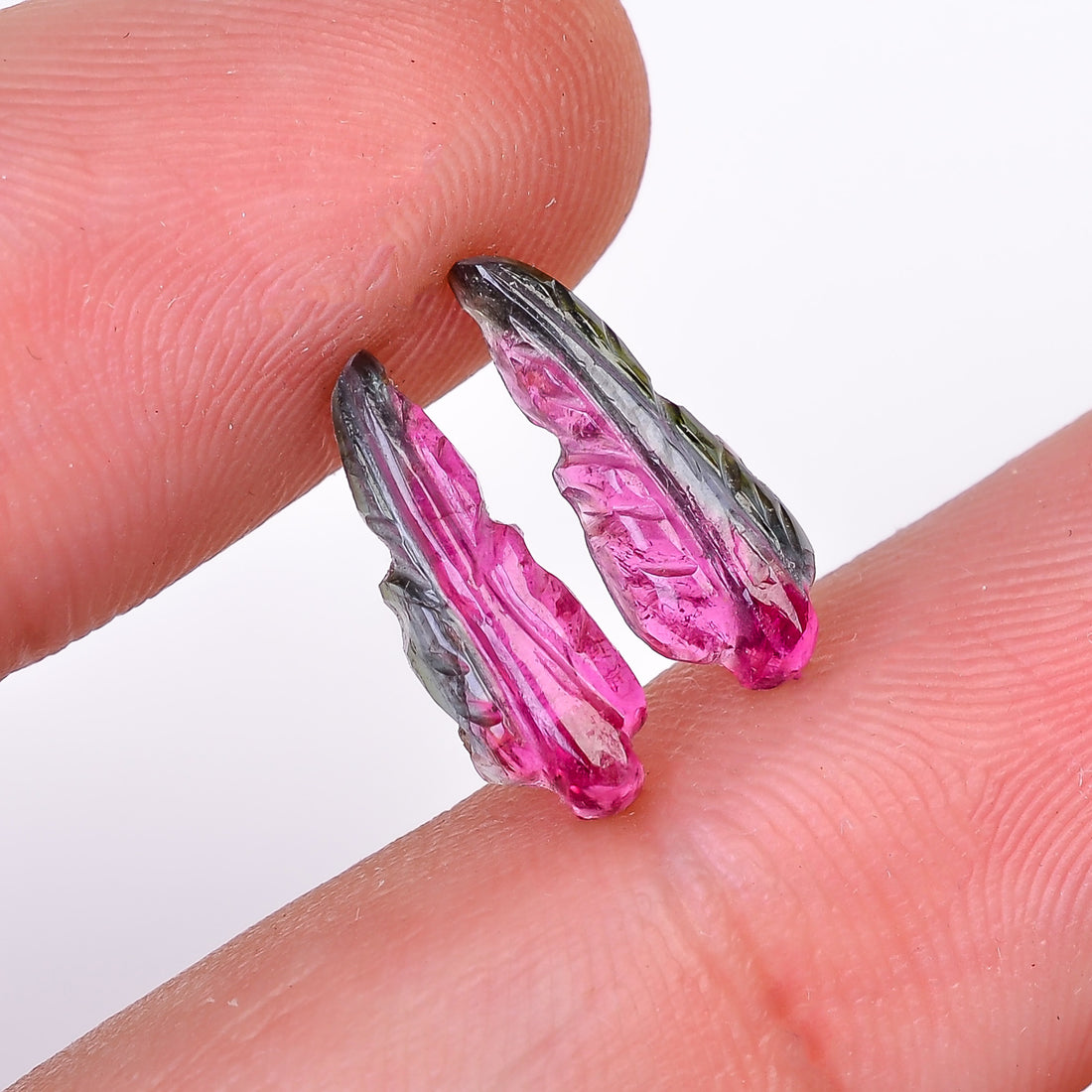 Natural Watermelon Tourmaline Leaf Shape Carved Loose Gemstone Pair For Making Earrings 2.85 Ct. 13X4X3 mm Y-10016