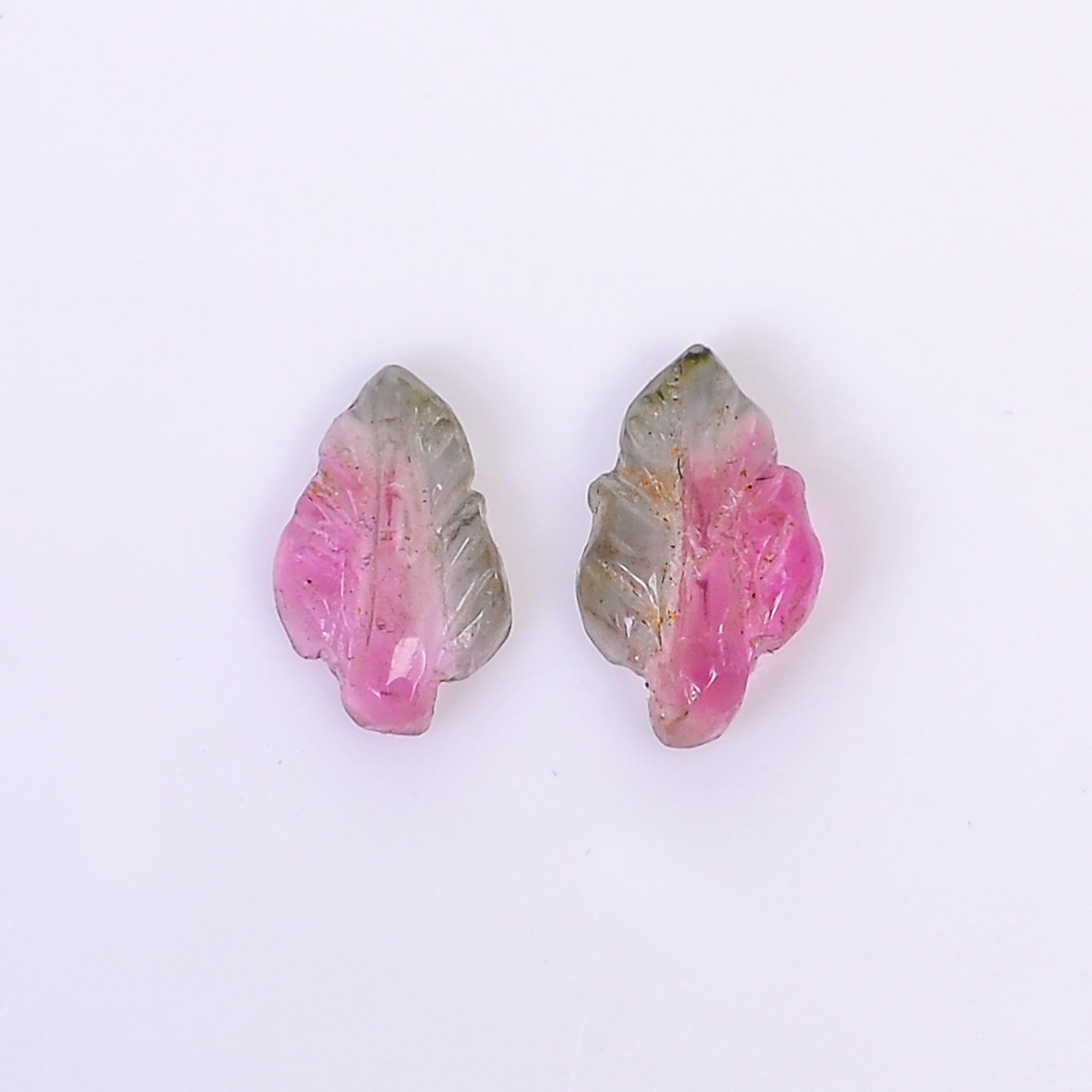 Natural Watermelon Tourmaline Leaf Shape Carved Loose Gemstone Pair For Making Earrings 1 Ct. 8X5X2 mm Y-10017