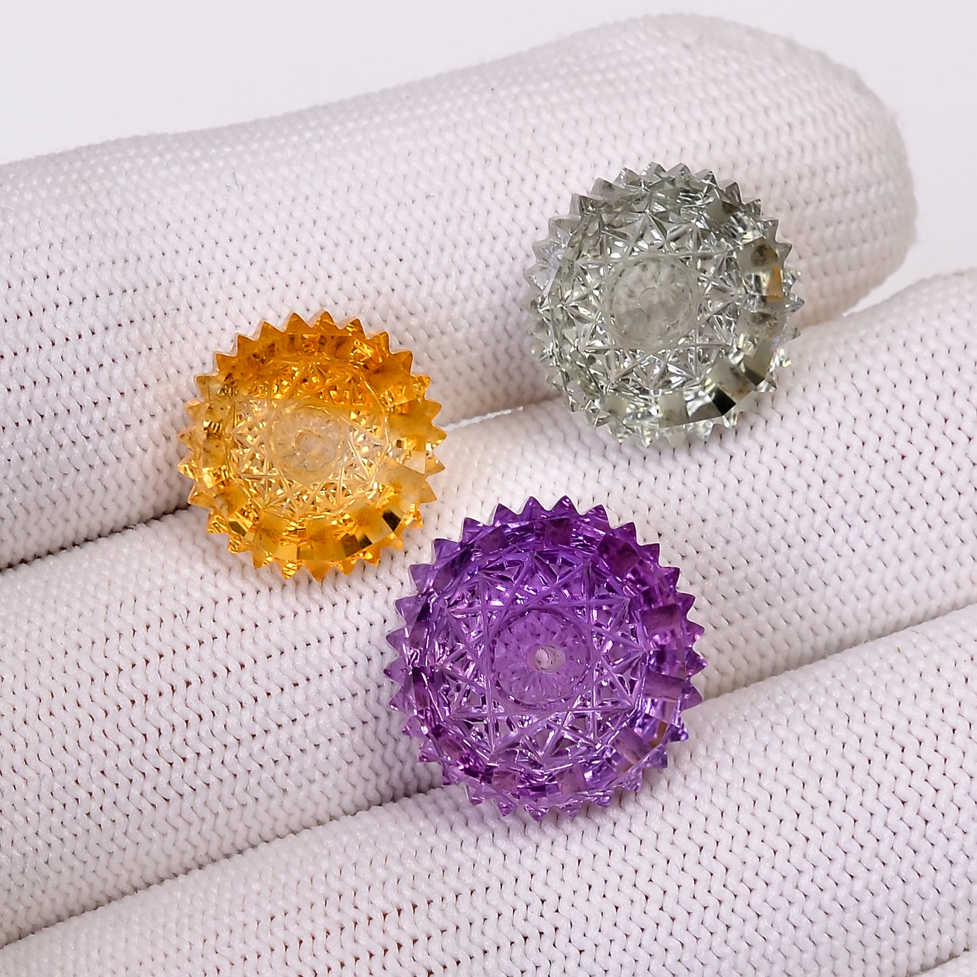 Natural Citrine & Multi Amethyst Round Shape Carved Drilled Loose Gemstone 3 Pcs For Making Jewelry 35Ct.13X13 16X16 mm Y-10648
