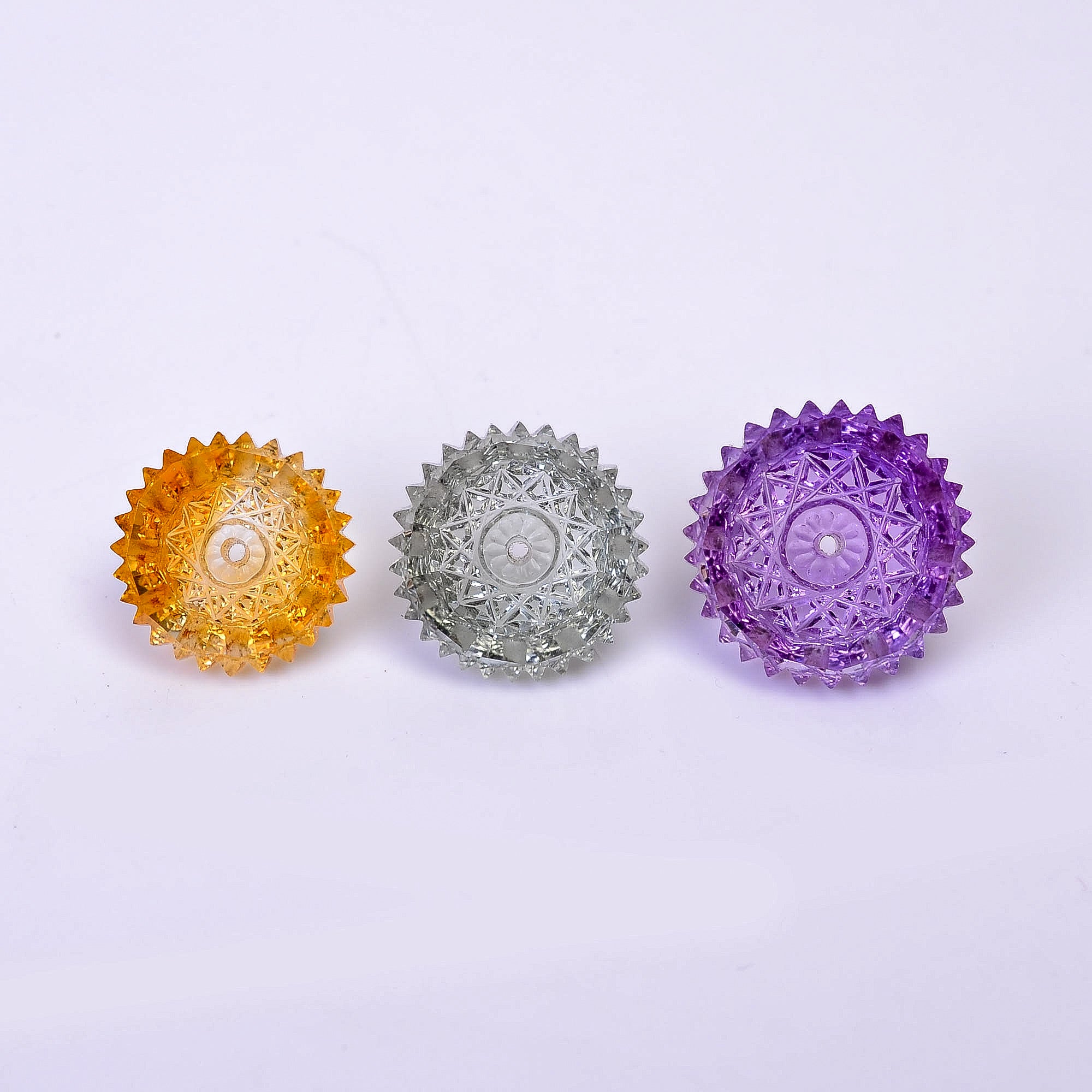 Natural Citrine & Multi Amethyst Round Shape Carved Drilled Loose Gemstone 3 Pcs For Making Jewelry 35Ct.13X13 16X16 mm Y-10648