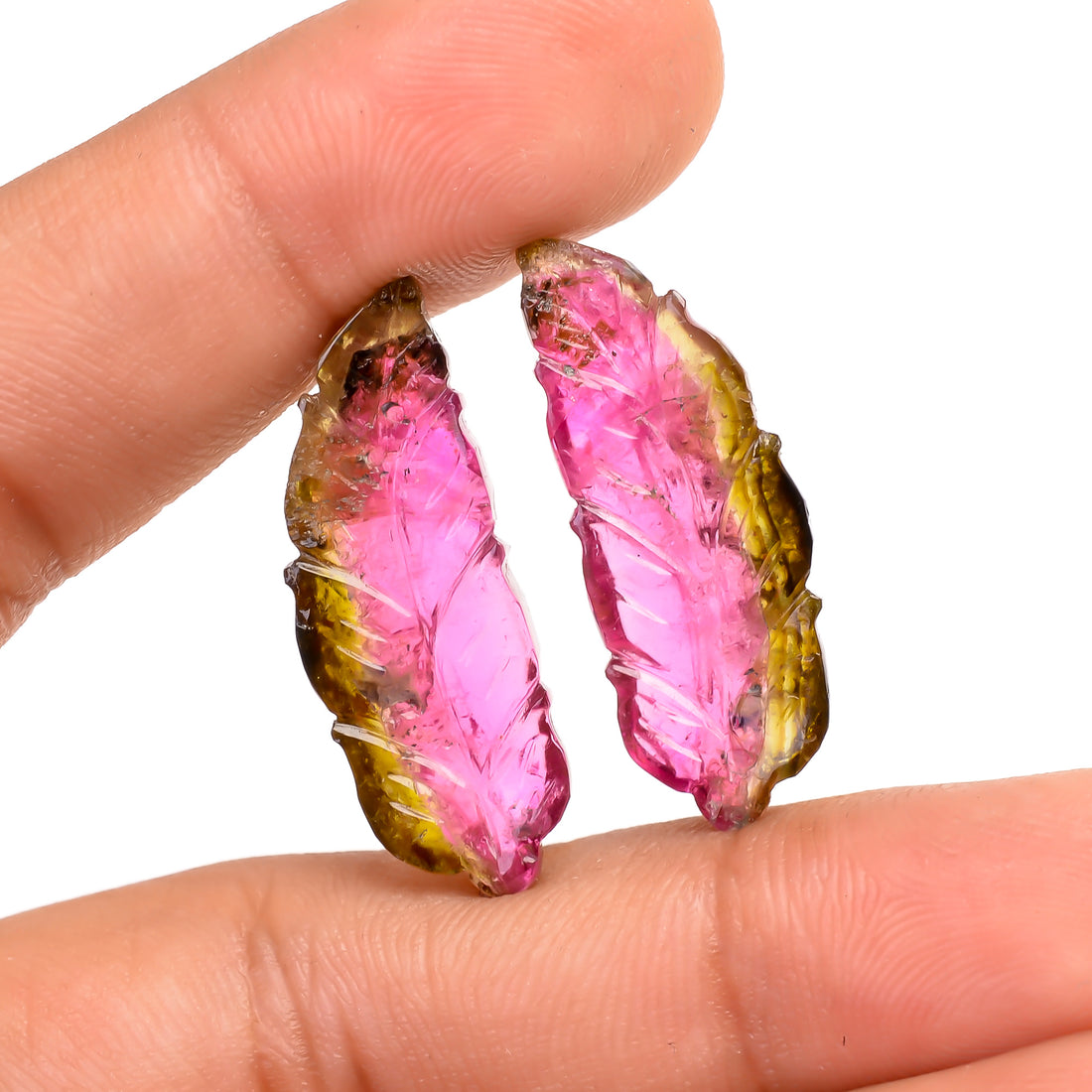 Watermelon Tourmaline Leaf Shape Carved Loose Gemstone Pair For Making Earrings 20 Ct. 26X10X3 MM Y-9735