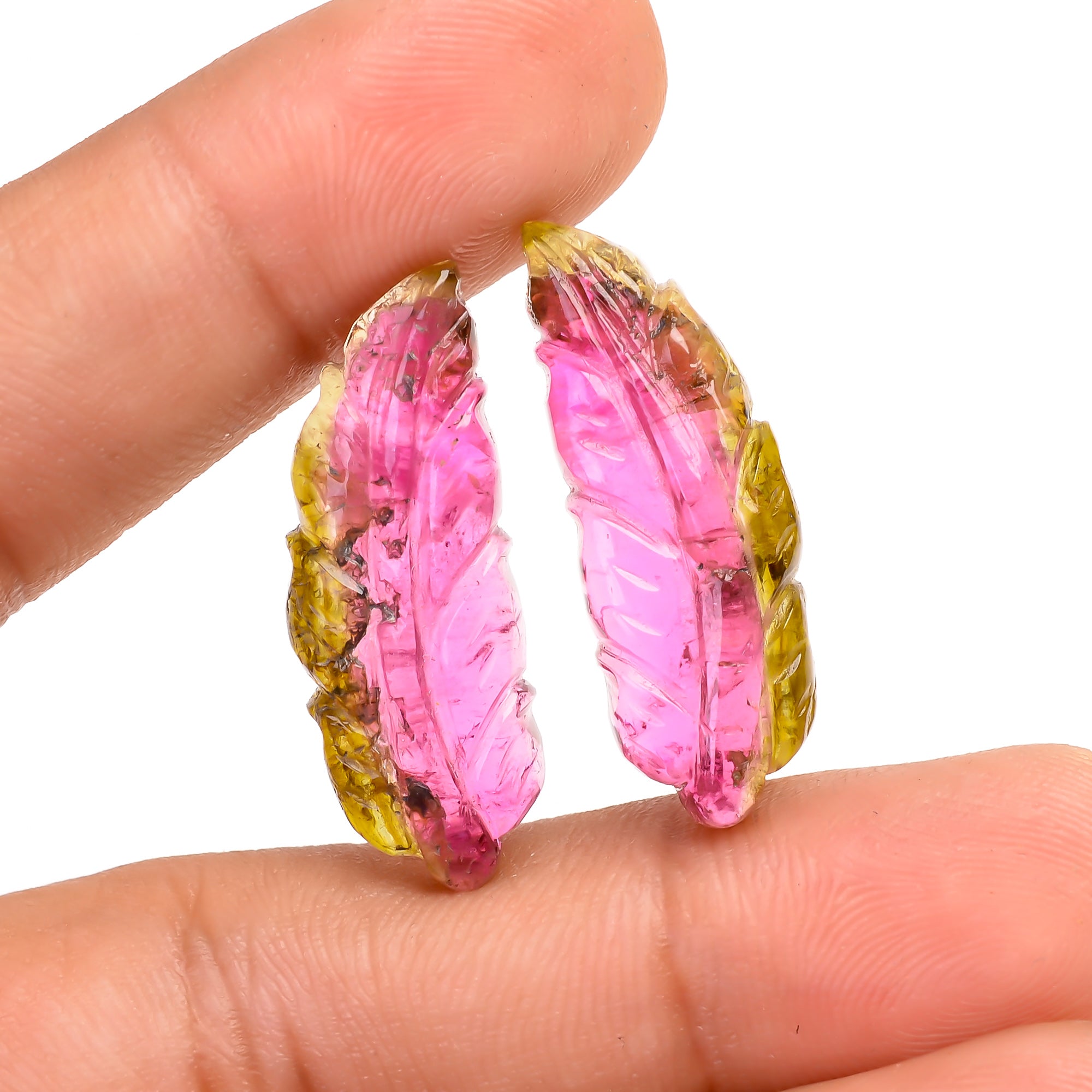 Watermelon Tourmaline Leaf Shape Carved Loose Gemstone Pair For Making Earrings 20 Ct. 26X10X3 MM Y-9735