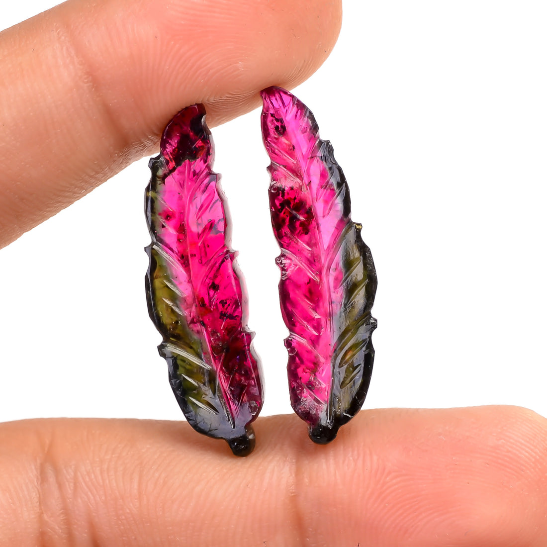 Watermelon Tourmaline Leaf Shape Carved Loose Gemstone Pair For Making Earrings 13.5 Ct. 28X7X3 MM Y-9736