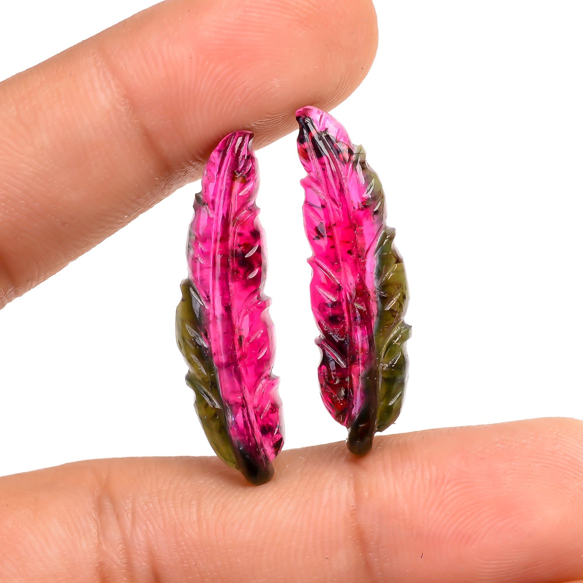 Watermelon Tourmaline Leaf Shape Carved Loose Gemstone Pair For Making Earrings 13.5 Ct. 28X7X3 MM Y-9736