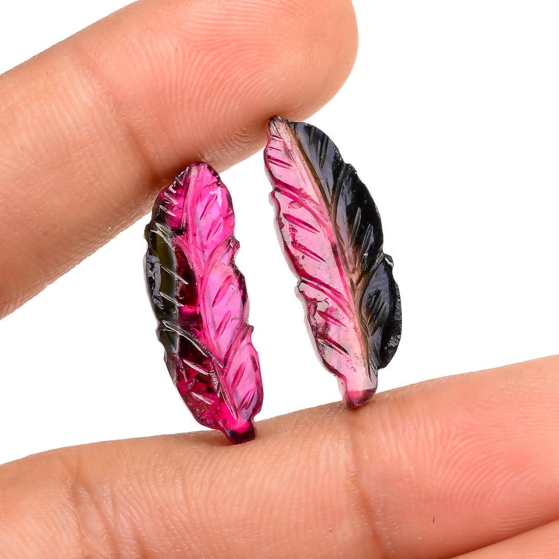 Watermelon Tourmaline Leaf Shape Carved Loose Gemstone Pair For Making Earrings 11 Ct. 22X7X3 MM Y-9737