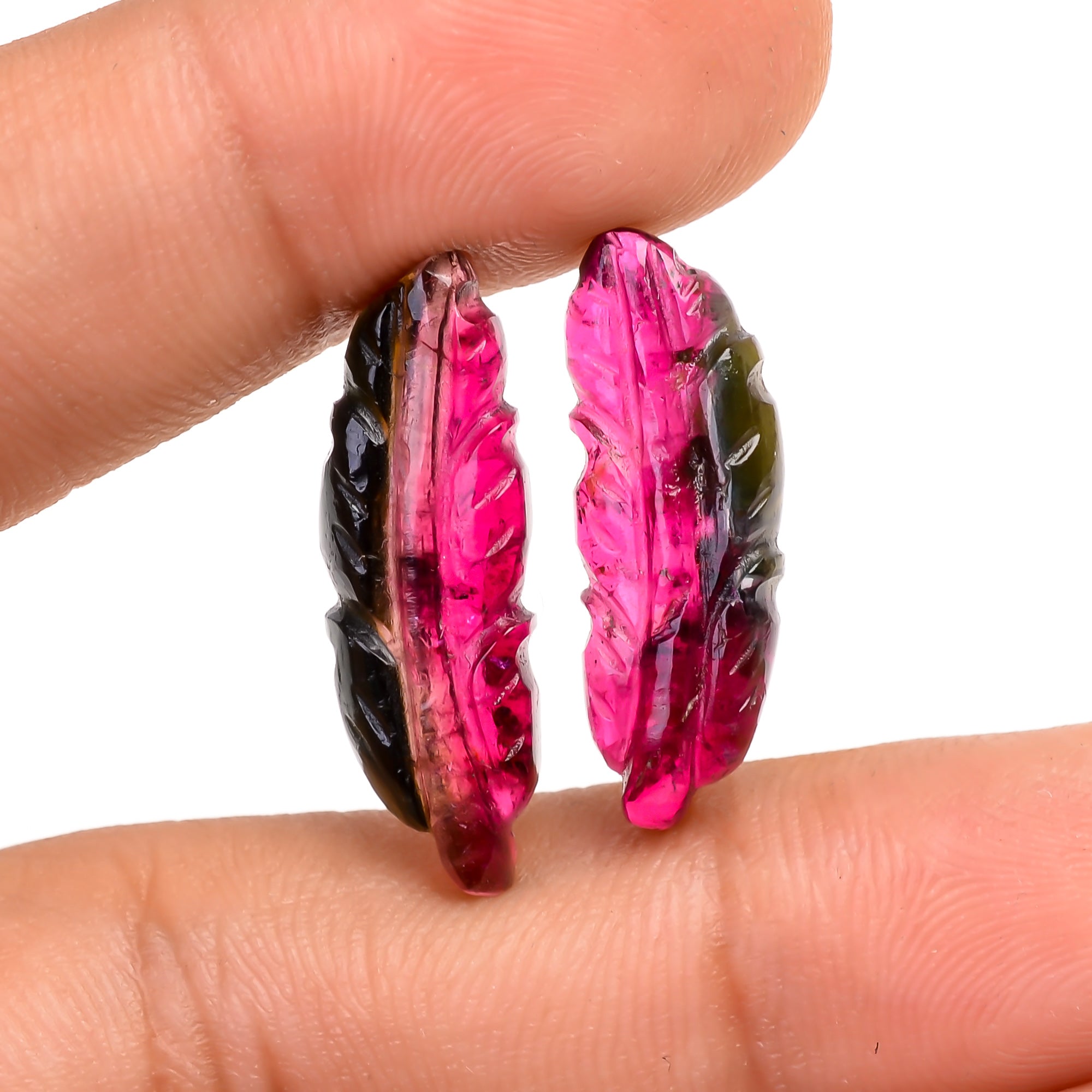 Watermelon Tourmaline Leaf Shape Carved Loose Gemstone Pair For Making Earrings 11 Ct. 22X7X3 MM Y-9737