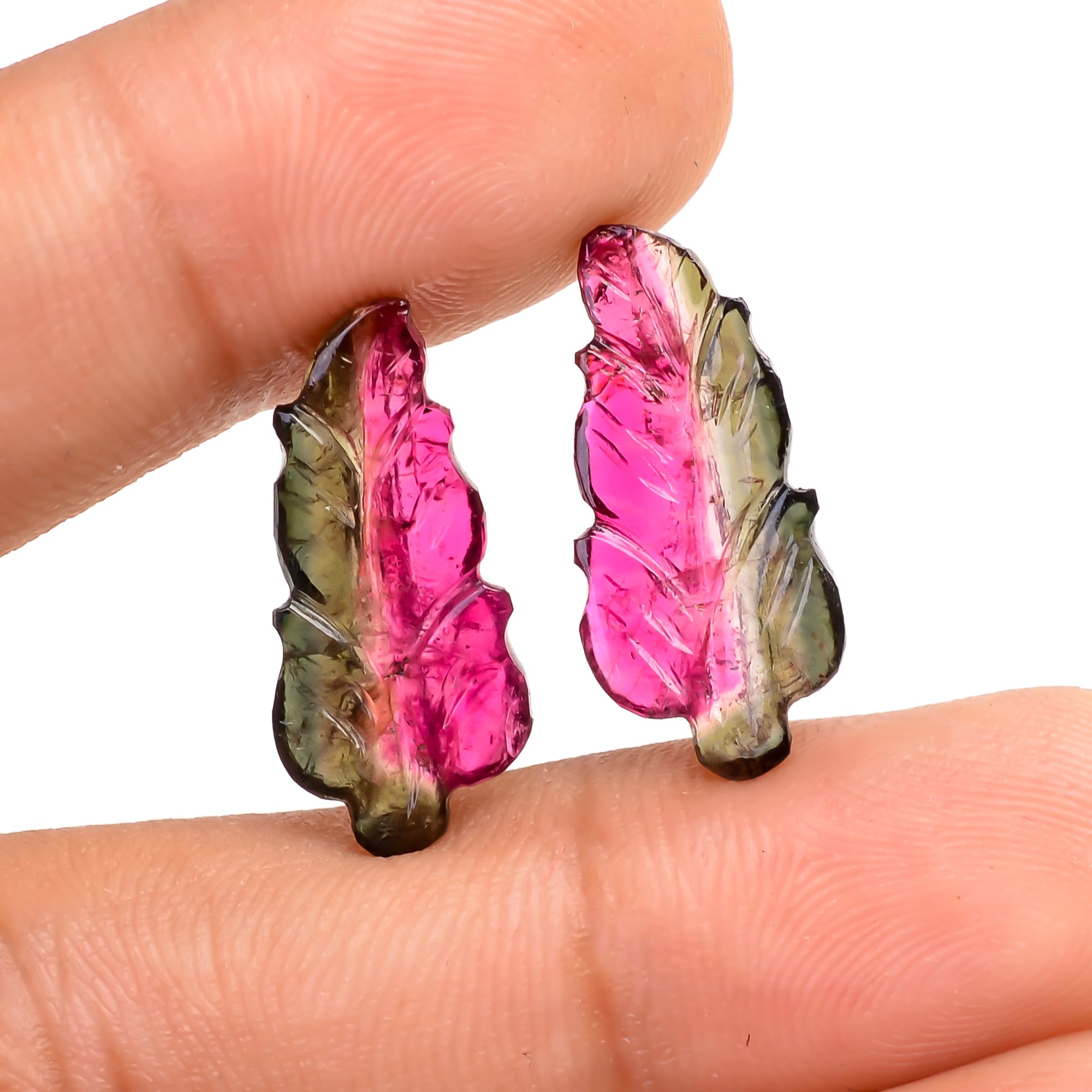 Watermelon Tourmaline Leaf Shape Carved Loose Gemstone Pair For Making Earrings 6.5 Ct. 19X9X2 MM Y-9738