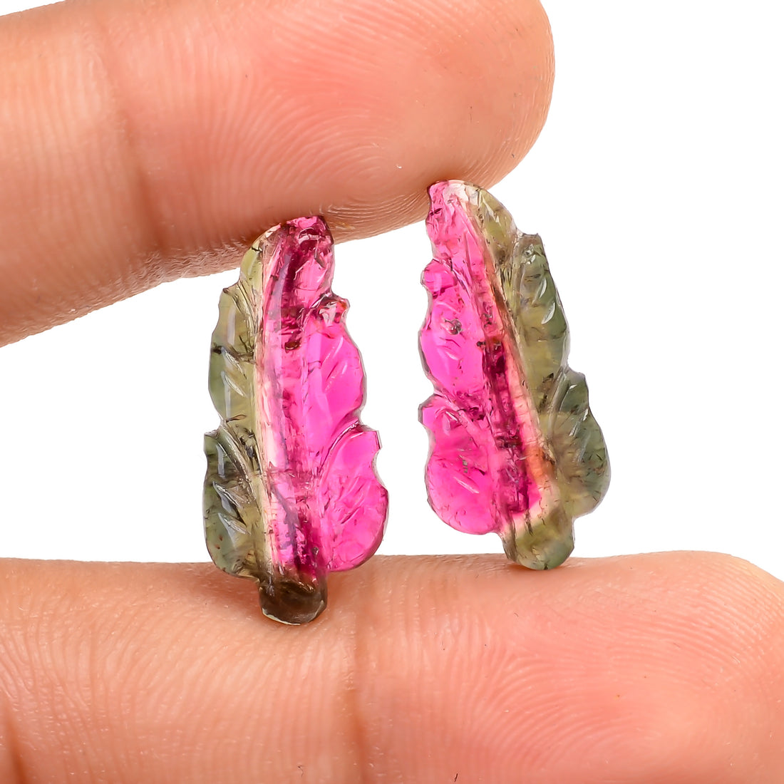 Watermelon Tourmaline Leaf Shape Carved Loose Gemstone Pair For Making Earrings 6.5 Ct. 19X9X2 MM Y-9738