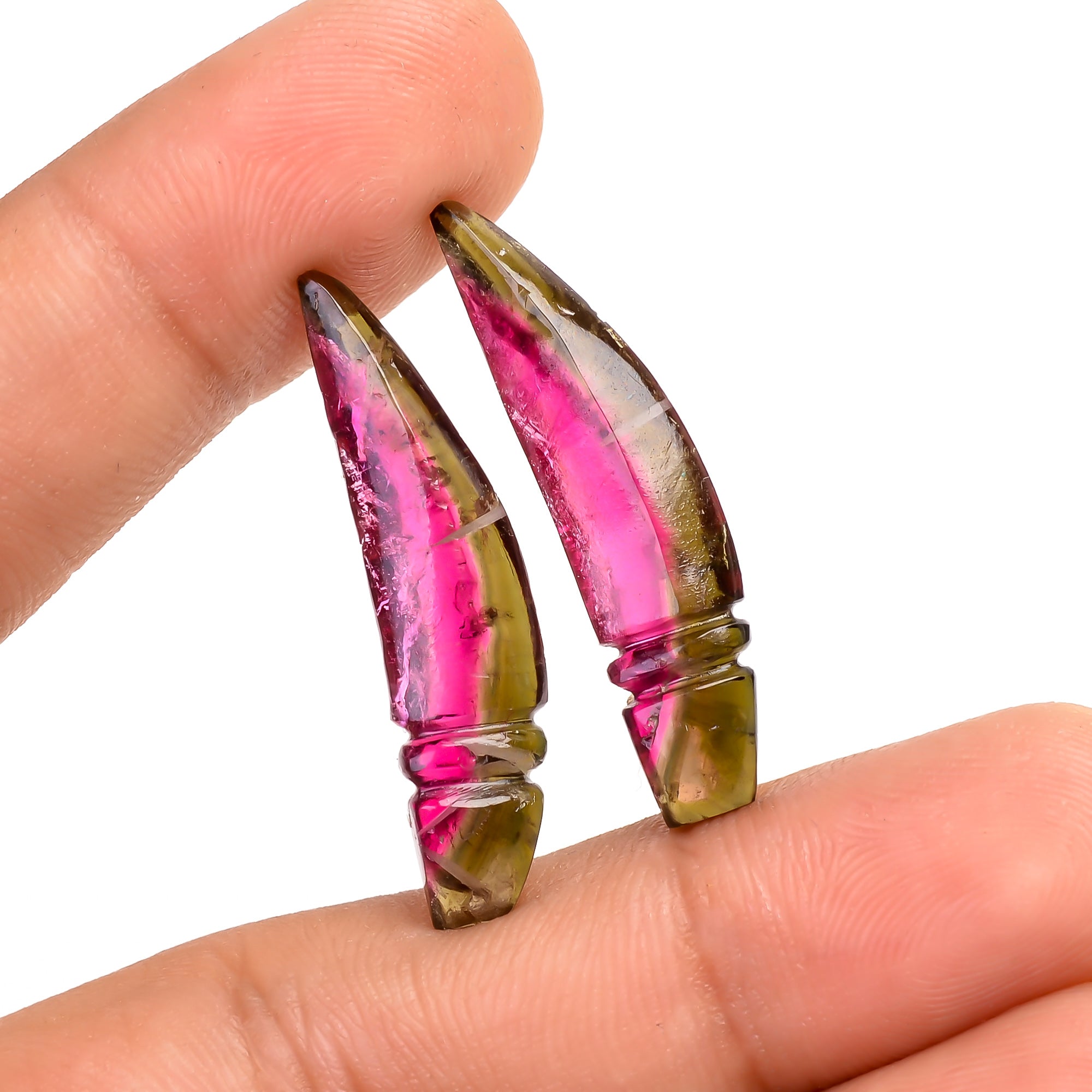 Watermelon Tourmaline Leaf Shape Carved Loose Gemstone Pair For Making Earrings 12.5 Ct. 29X7X4 MM Y-9739
