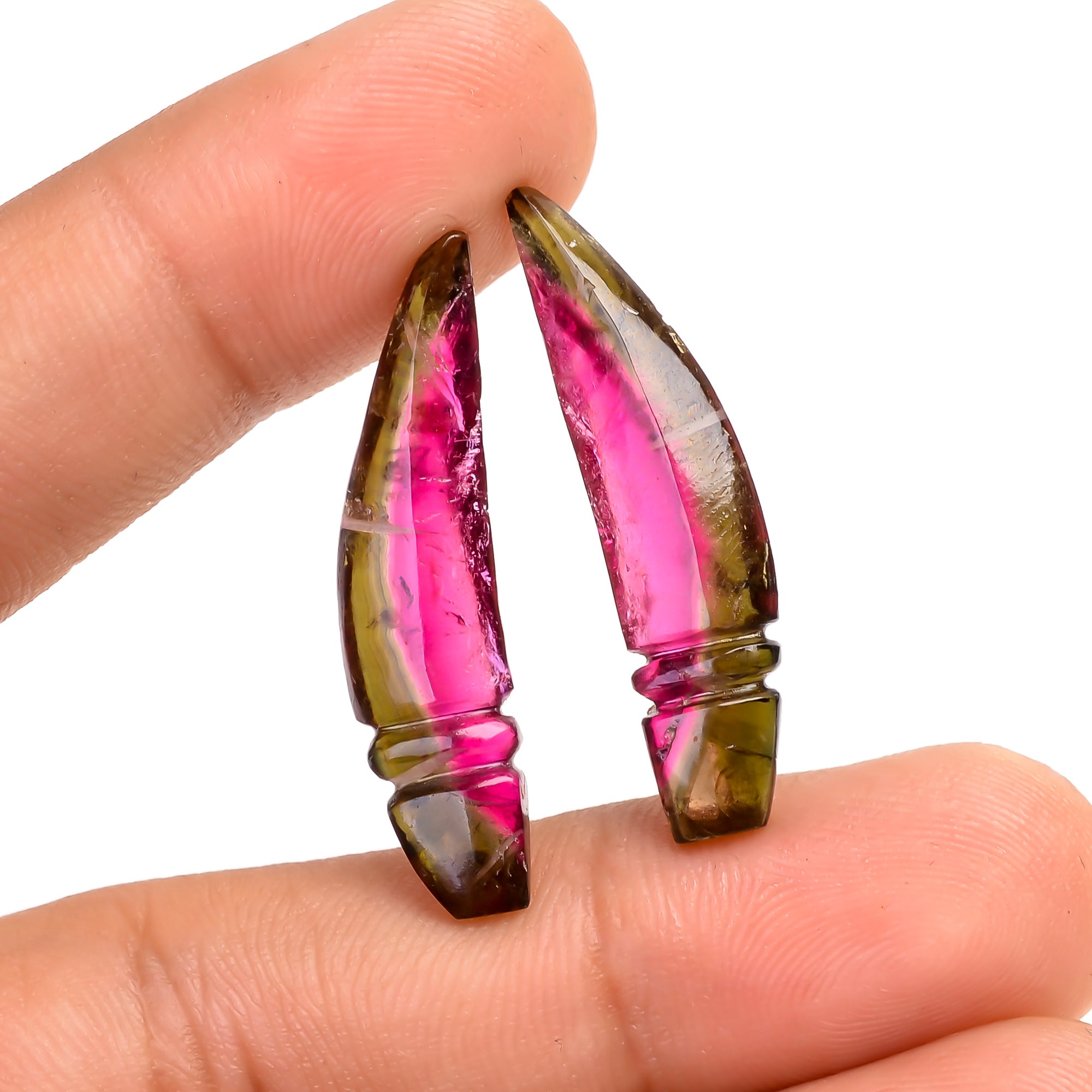 Watermelon Tourmaline Leaf Shape Carved Loose Gemstone Pair For Making Earrings 12.5 Ct. 29X7X4 MM Y-9739