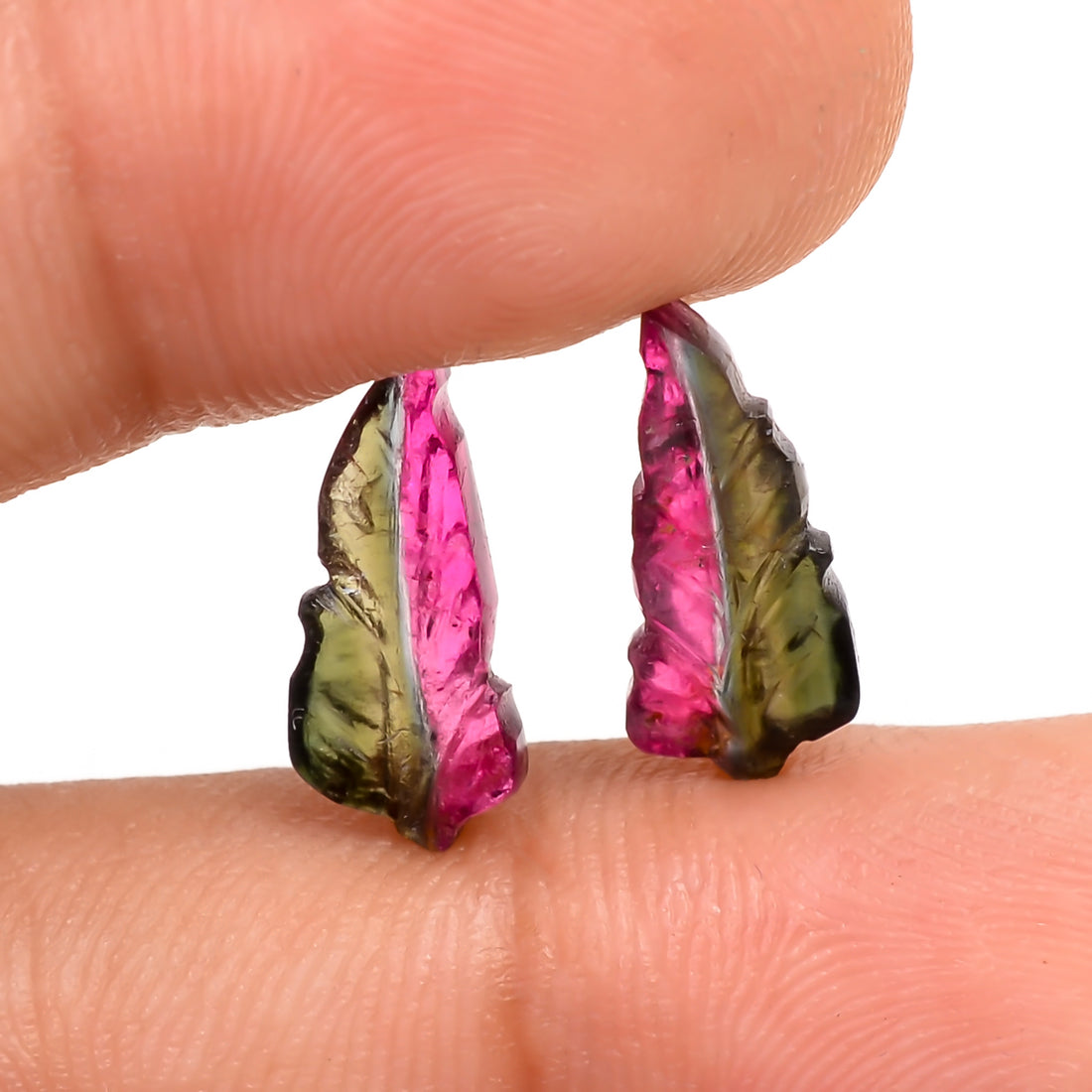 Watermelon Tourmaline Leaf Shape Carved Loose Gemstone Pair For Making Earrings 3 Ct. 14X6X2 MM Y-9740