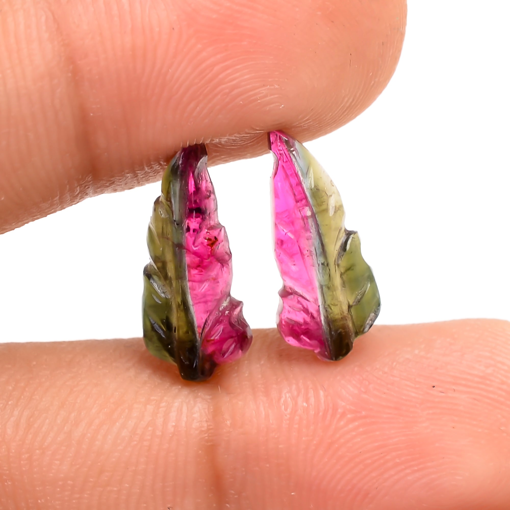 Watermelon Tourmaline Leaf Shape Carved Loose Gemstone Pair For Making Earrings 3 Ct. 14X6X2 MM Y-9740