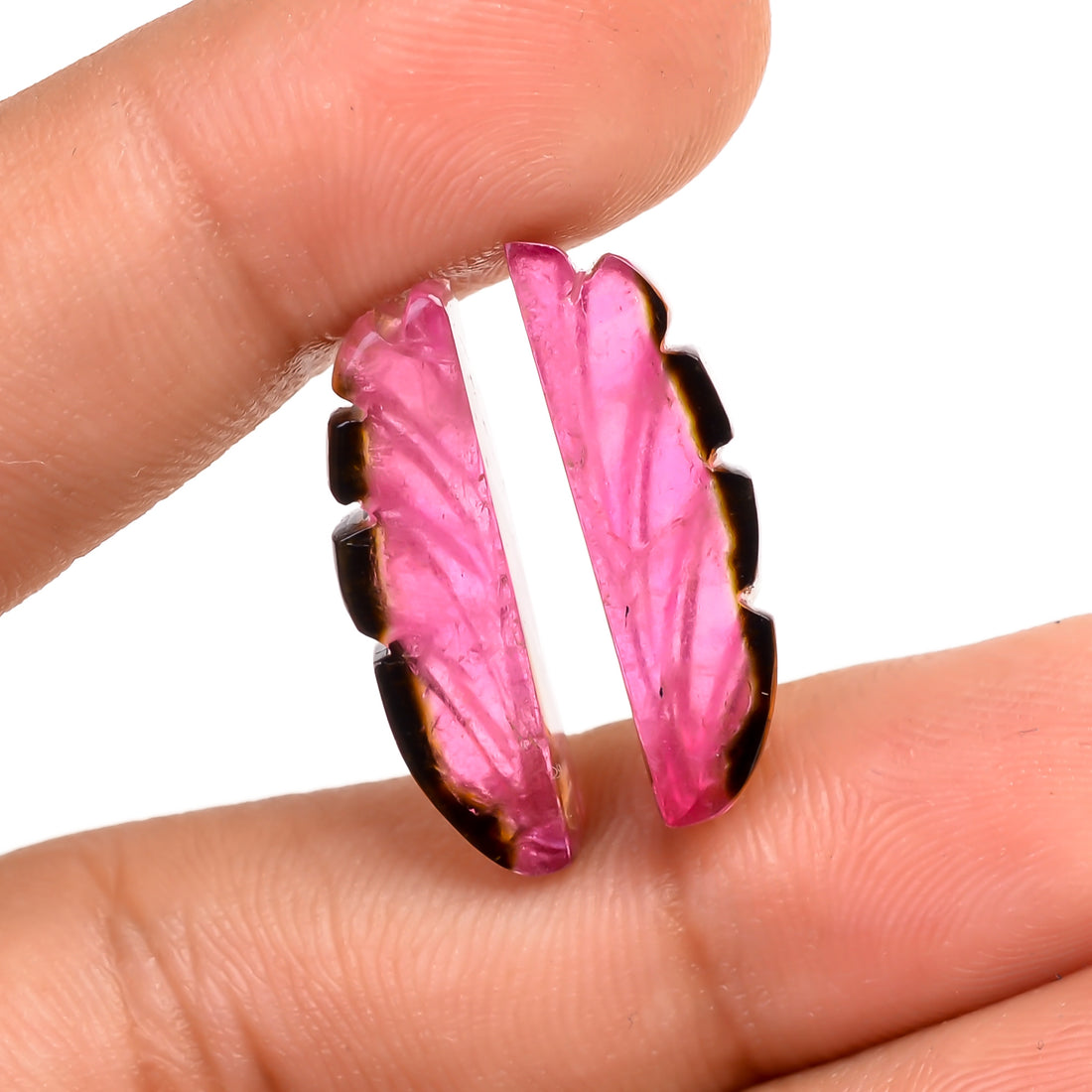 Watermelon Tourmaline Leaf Shape Carved Loose Gemstone Pair For Making Earrings 15.5 Ct. 21X6X5 MM Y-9741