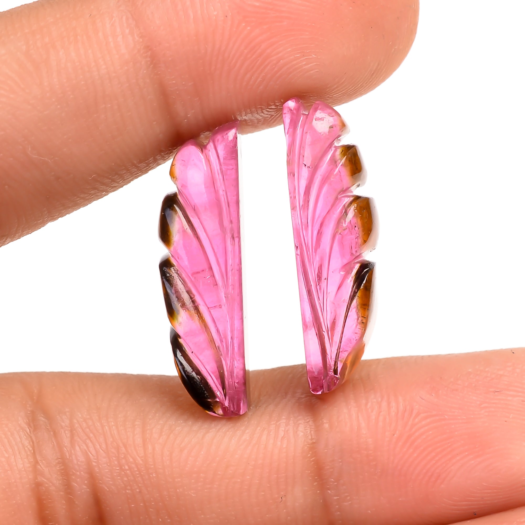 Watermelon Tourmaline Leaf Shape Carved Loose Gemstone Pair For Making Earrings 15.5 Ct. 21X6X5 MM Y-9741