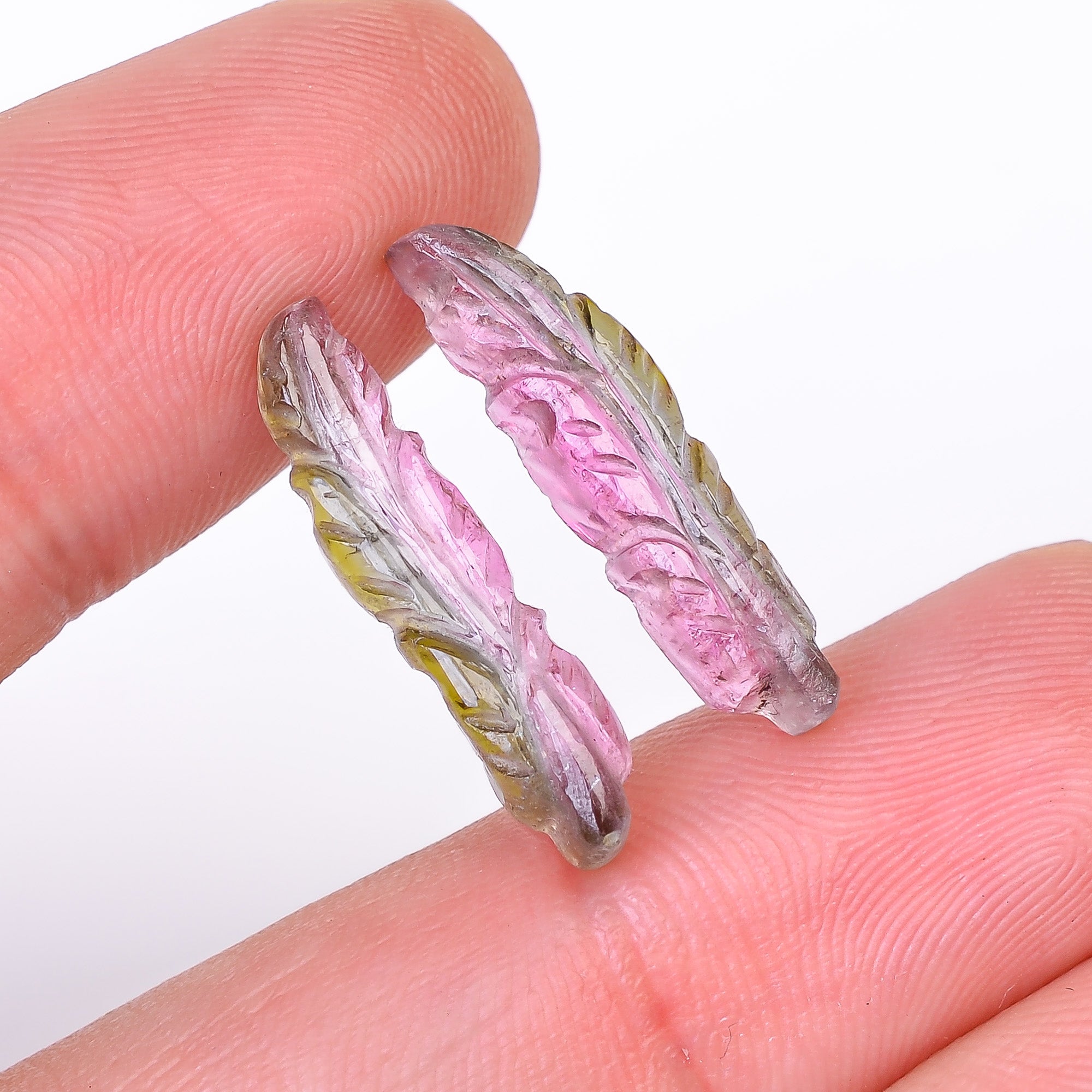 Natural Watermelon Tourmaline Leaf Shape Carved Loose Gemstone Pair For Making Earrings 7.2 Ct. 21X5X3 mm Y-9996