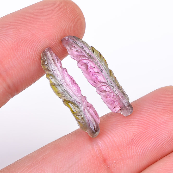 Natural Watermelon Tourmaline Leaf Shape Carved Loose Gemstone Pair For Making Earrings 7.2 Ct. 21X5X3 mm Y-9996