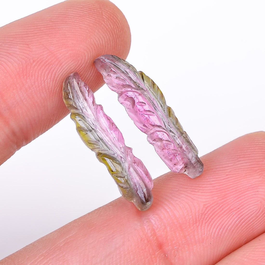 Natural Watermelon Tourmaline Leaf Shape Carved Loose Gemstone Pair For Making Earrings 7.2 Ct. 21X5X3 mm Y-9996