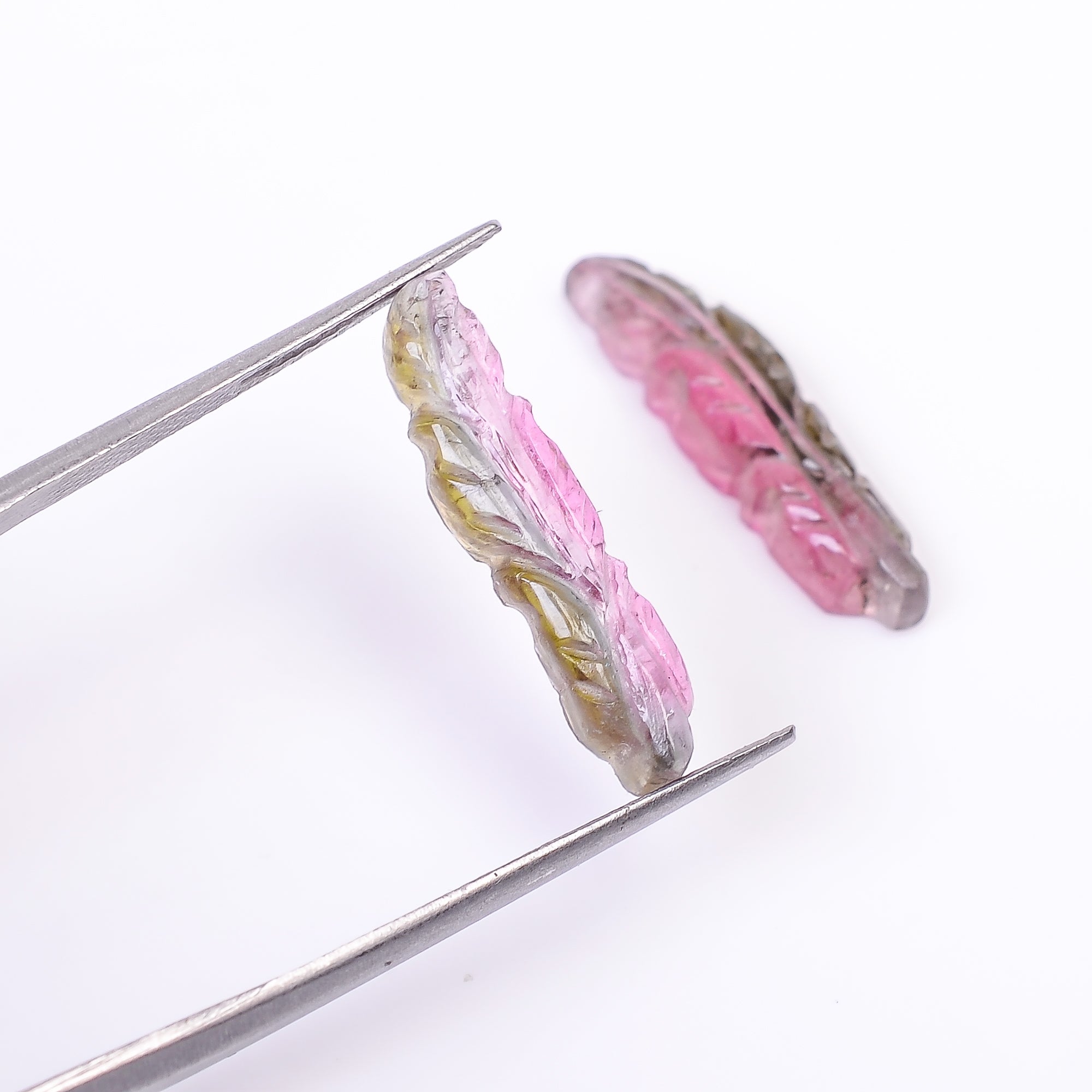 Natural Watermelon Tourmaline Leaf Shape Carved Loose Gemstone Pair For Making Earrings 7.2 Ct. 21X5X3 mm Y-9996