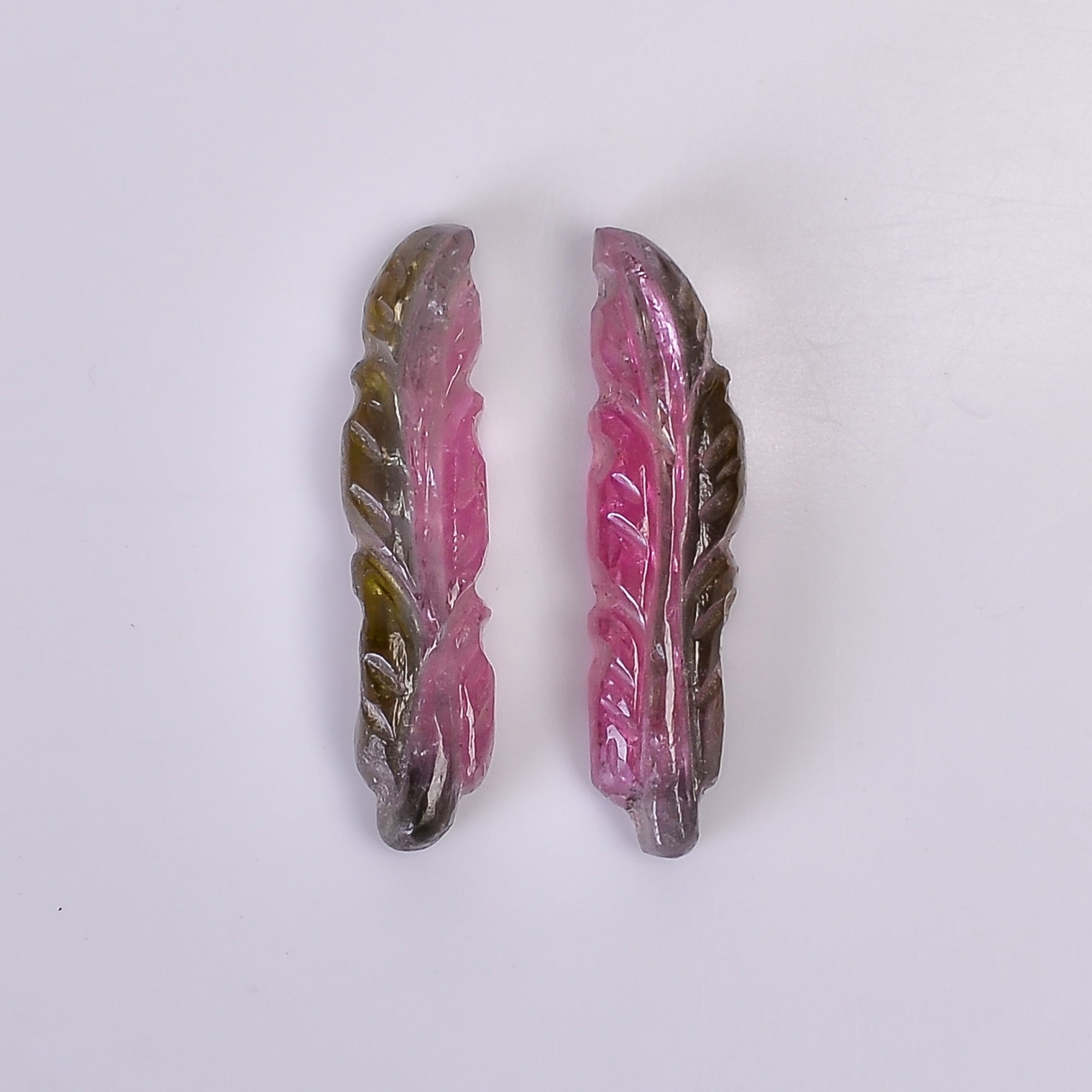 Natural Watermelon Tourmaline Leaf Shape Carved Loose Gemstone Pair For Making Earrings 7.2 Ct. 21X5X3 mm Y-9996