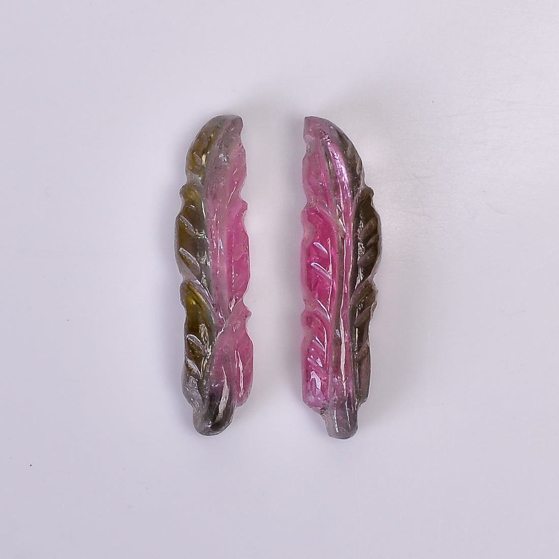 Natural Watermelon Tourmaline Leaf Shape Carved Loose Gemstone Pair For Making Earrings 7.2 Ct. 21X5X3 mm Y-9996