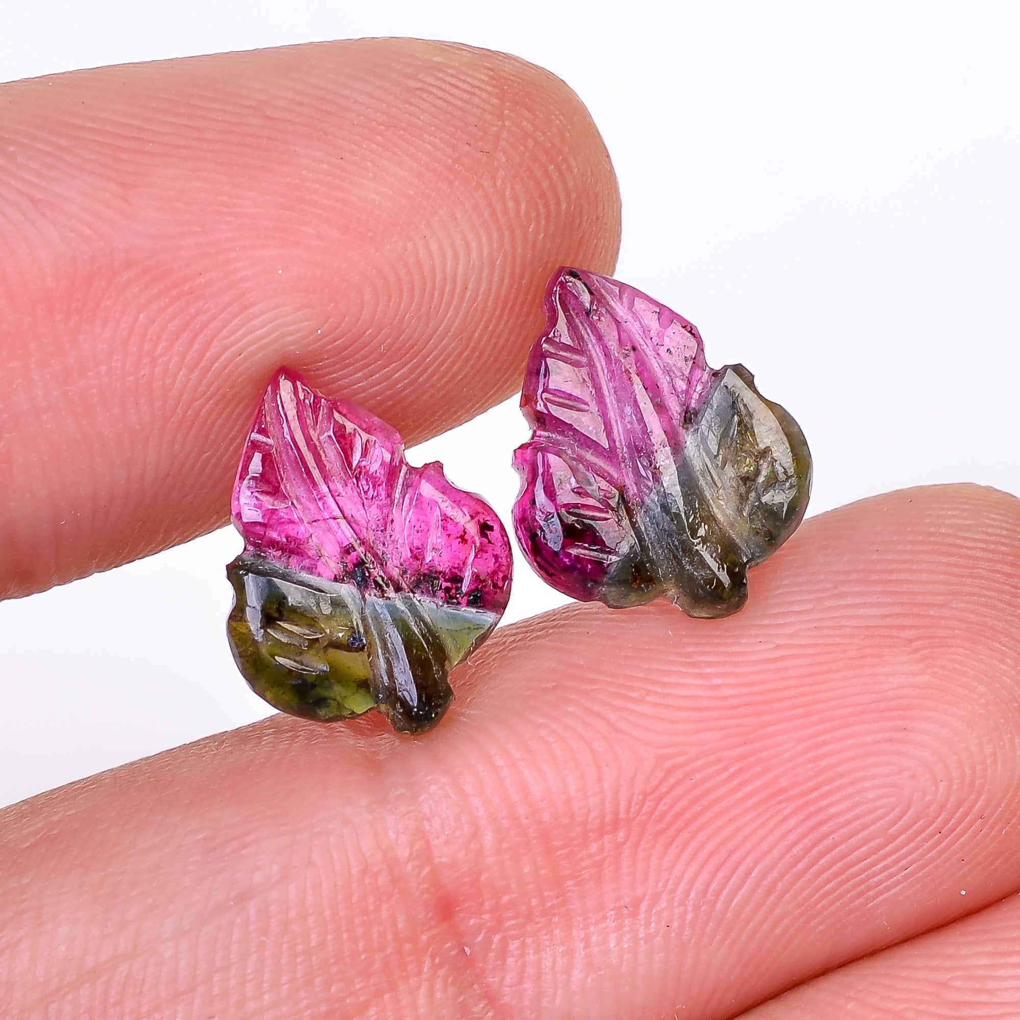 Natural Watermelon Tourmaline Leaf Shape Carved Loose Gemstone Pair For Making Earrings 3.8 Ct. 12X9X2 mm Y-9997