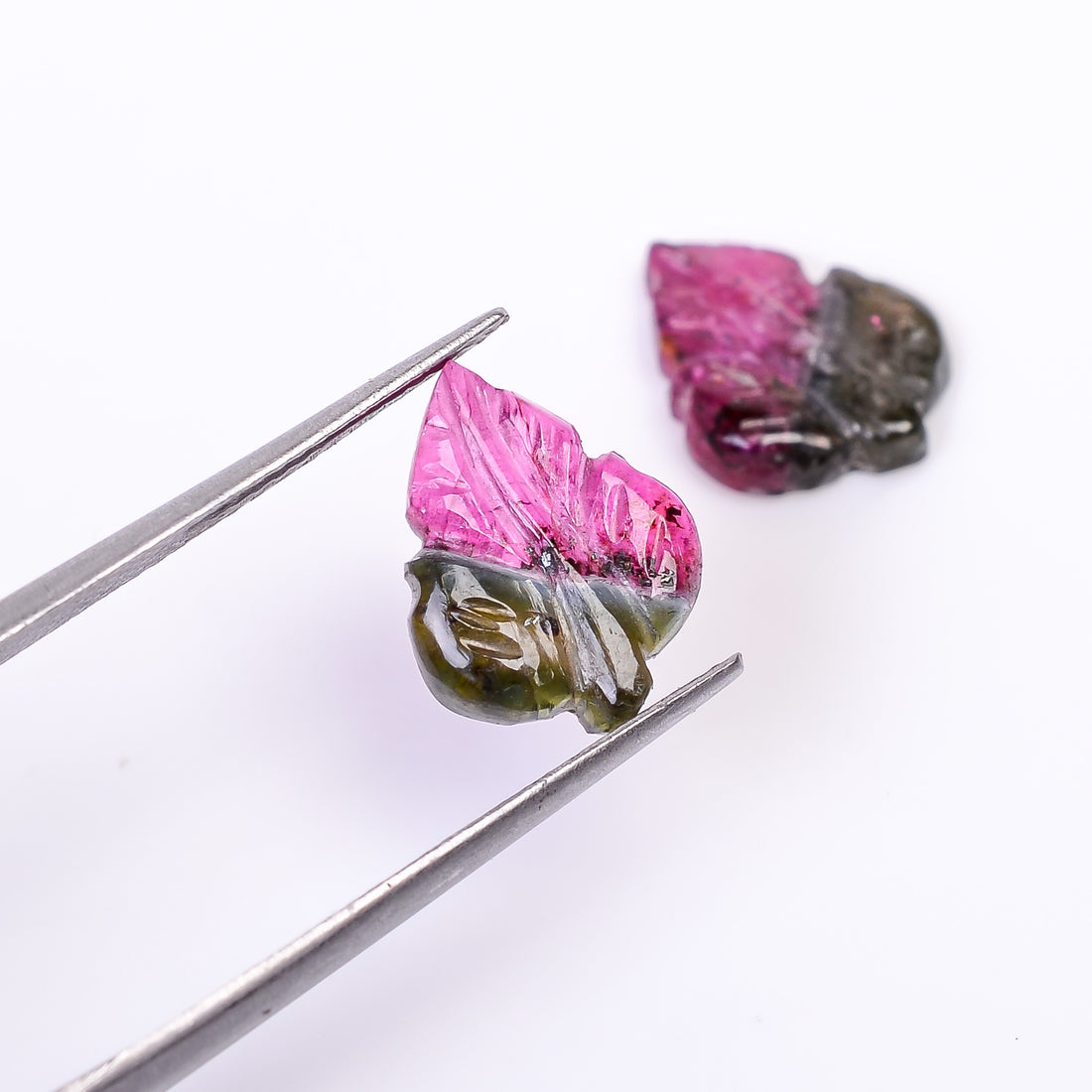Natural Watermelon Tourmaline Leaf Shape Carved Loose Gemstone Pair For Making Earrings 3.8 Ct. 12X9X2 mm Y-9997
