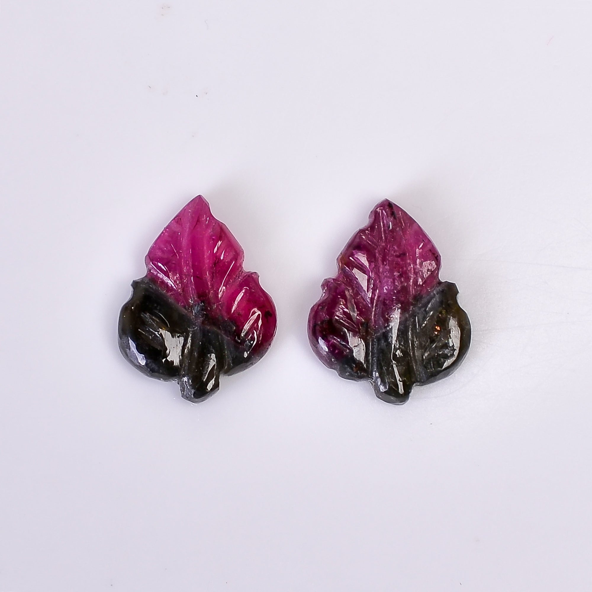 Natural Watermelon Tourmaline Leaf Shape Carved Loose Gemstone Pair For Making Earrings 3.8 Ct. 12X9X2 mm Y-9997