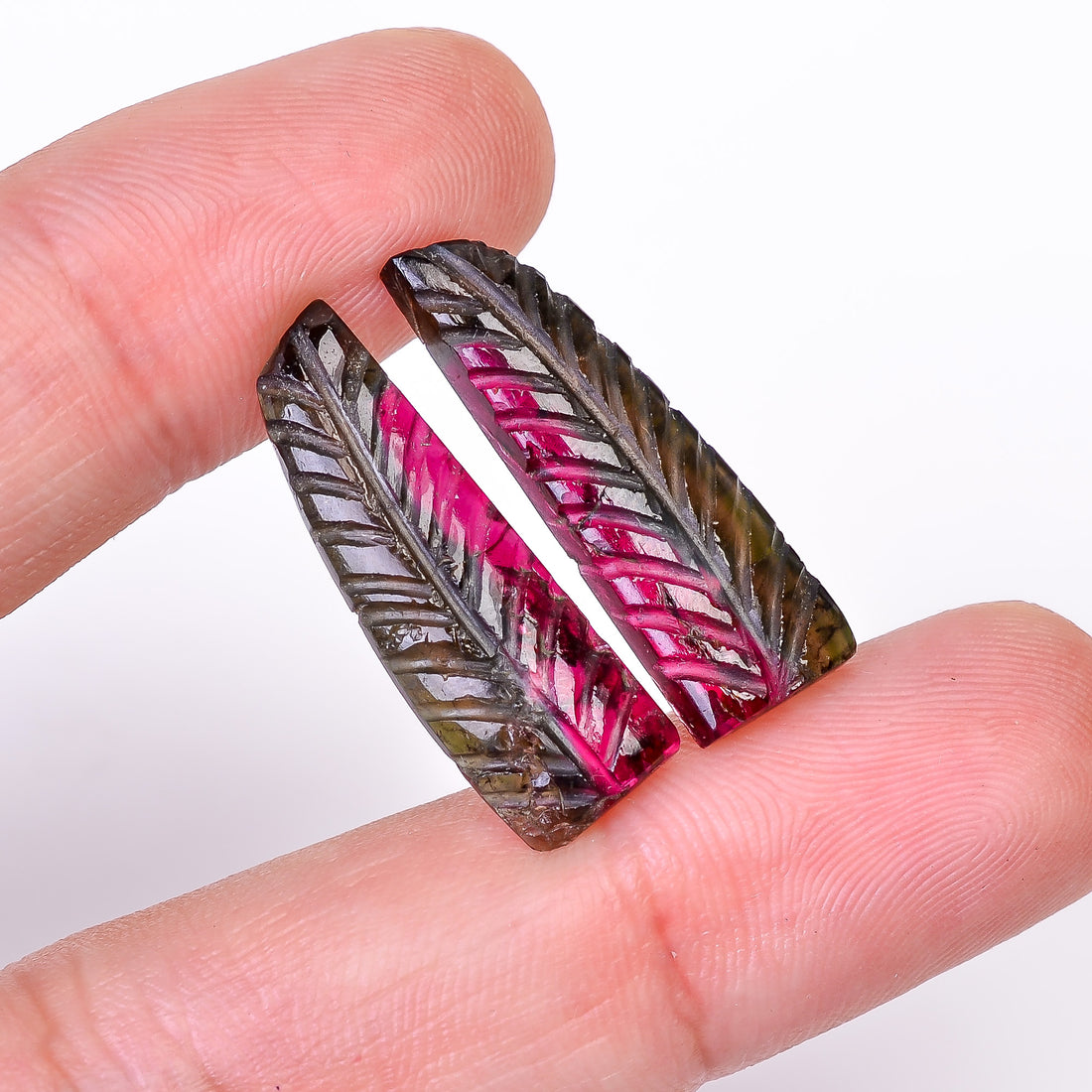 Natural Watermelon Tourmaline Leaf Shape Carved Loose Gemstone Pair For Making Earrings 13.75 Ct. 25X8X3 mm Y-9998
