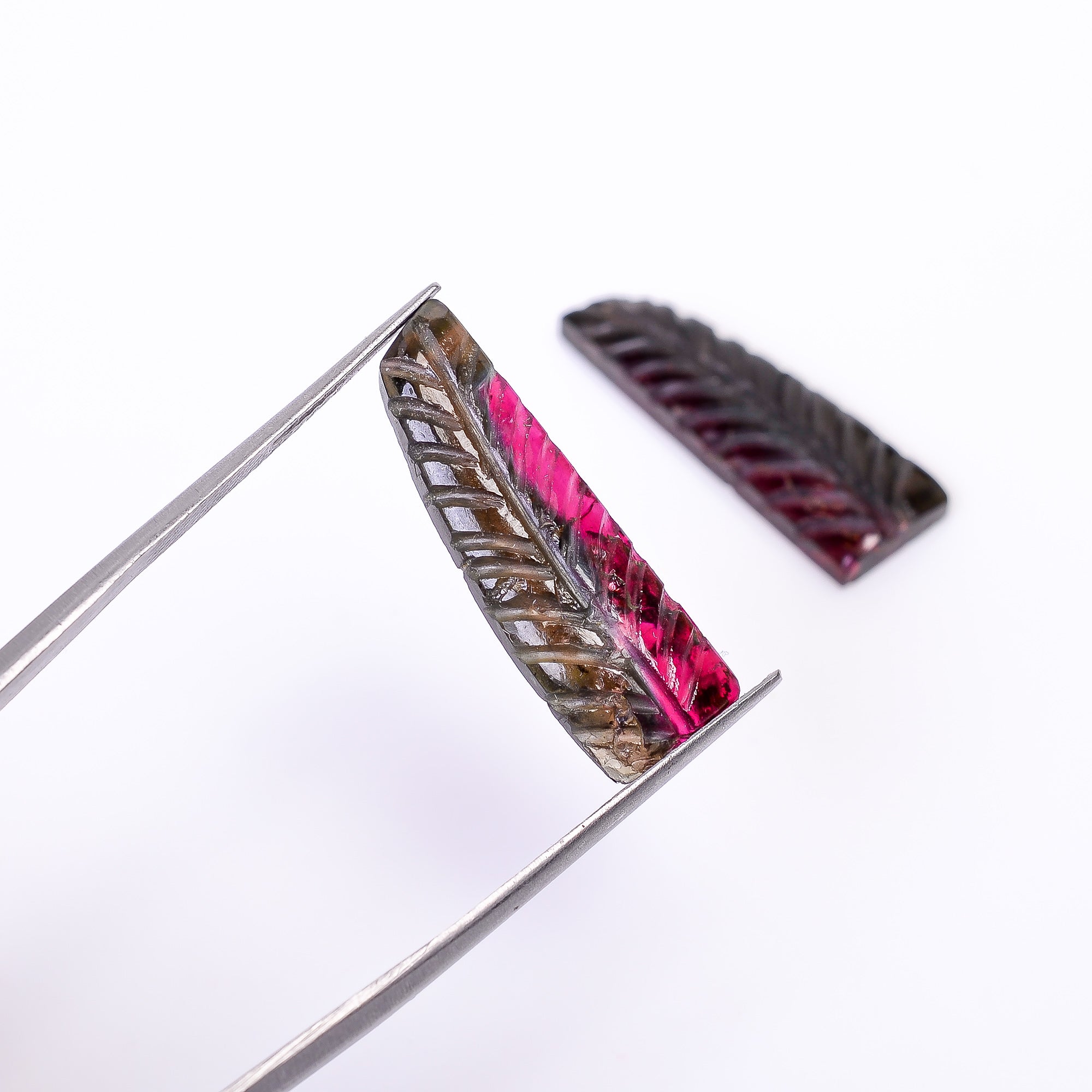 Natural Watermelon Tourmaline Leaf Shape Carved Loose Gemstone Pair For Making Earrings 13.75 Ct. 25X8X3 mm Y-9998