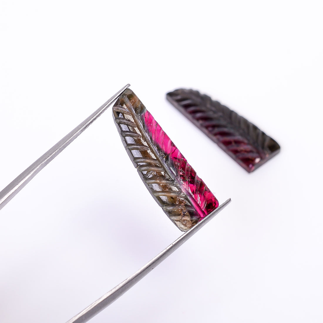 Natural Watermelon Tourmaline Leaf Shape Carved Loose Gemstone Pair For Making Earrings 13.75 Ct. 25X8X3 mm Y-9998