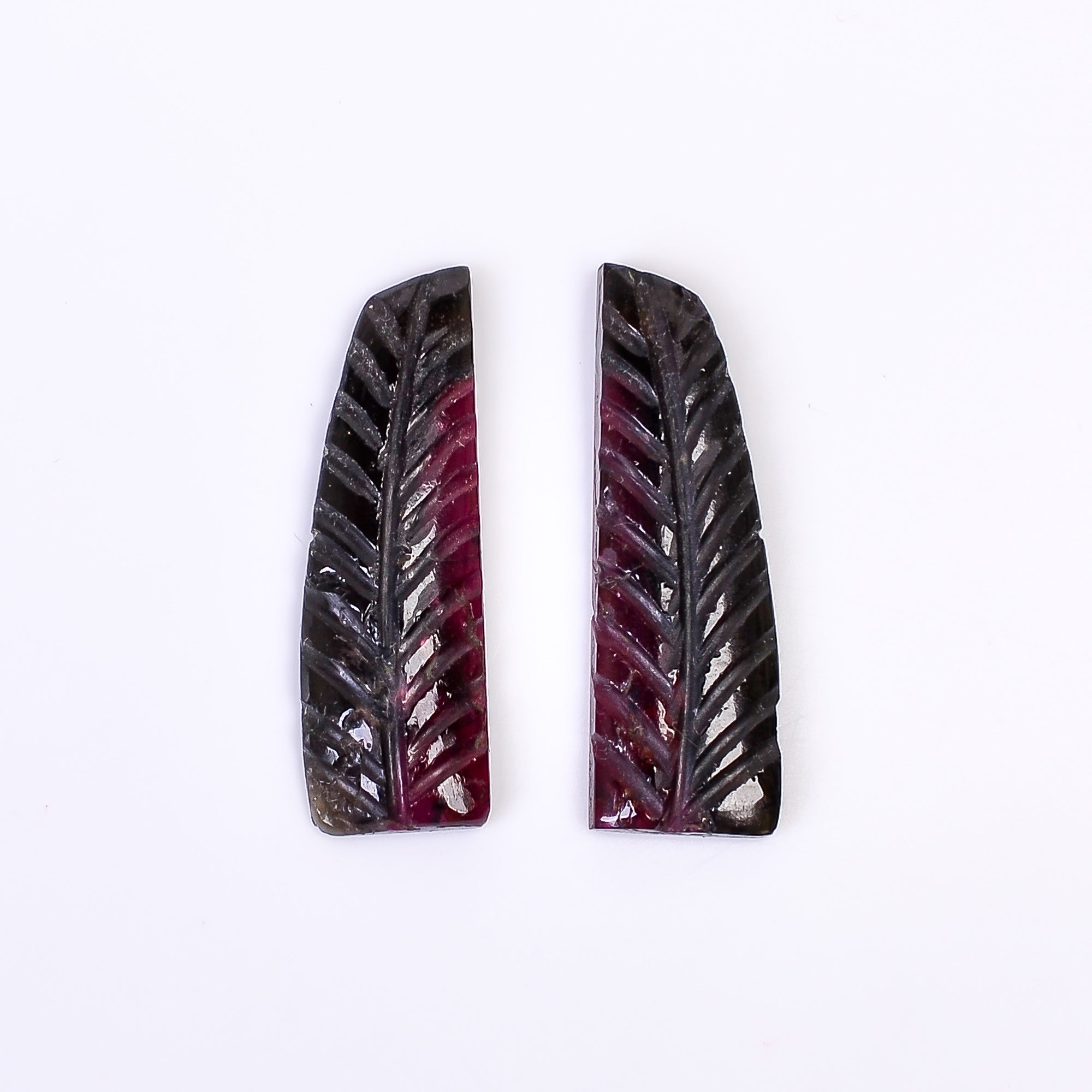 Natural Watermelon Tourmaline Leaf Shape Carved Loose Gemstone Pair For Making Earrings 13.75 Ct. 25X8X3 mm Y-9998