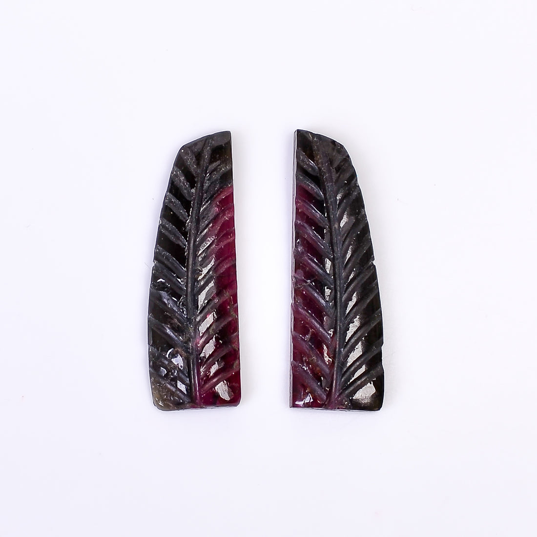 Natural Watermelon Tourmaline Leaf Shape Carved Loose Gemstone Pair For Making Earrings 13.75 Ct. 25X8X3 mm Y-9998
