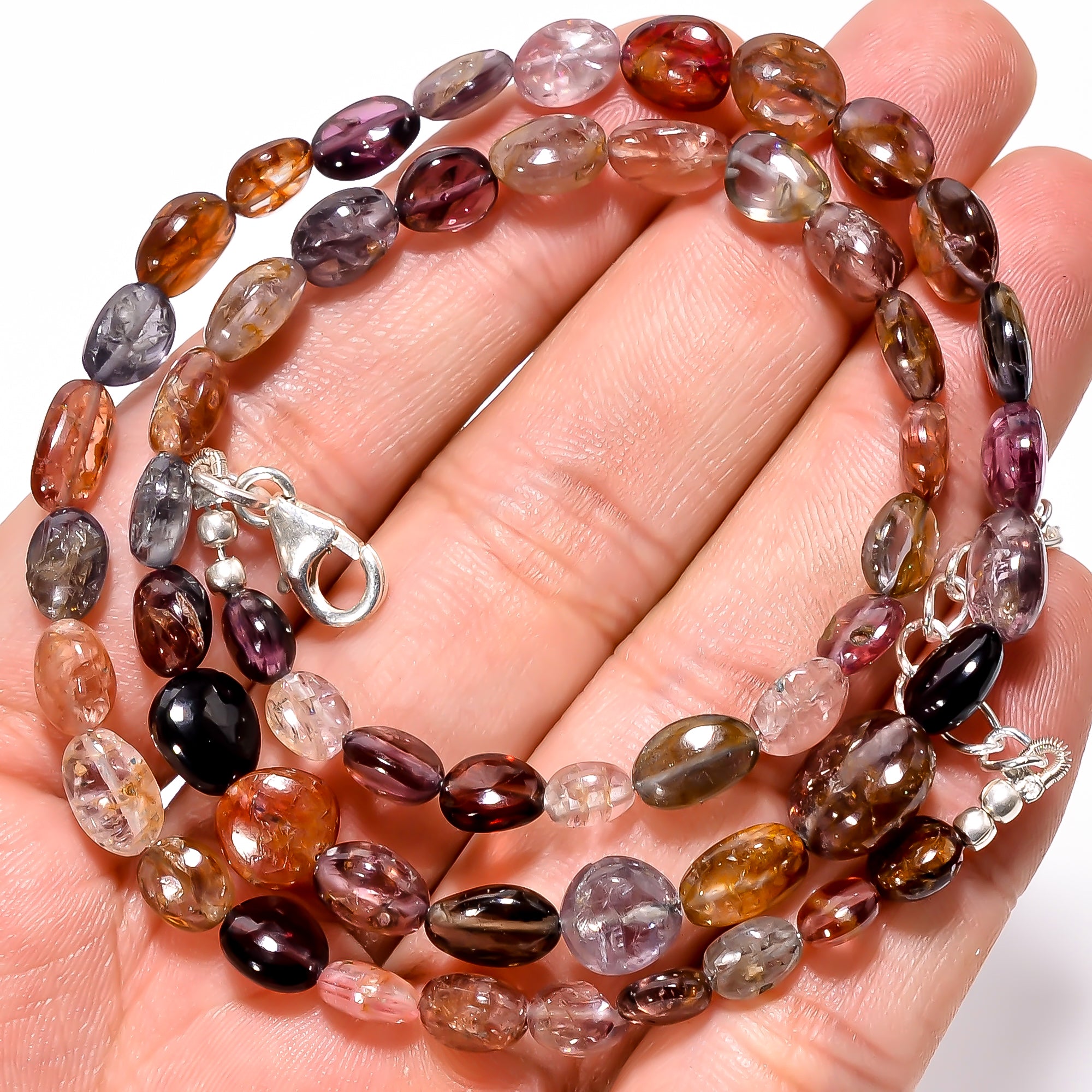 Multi spinel Natural Gemstone Oval Shape Smooth Necklace 17-19" Beads 6X4 10X10 mm, 109 Ct. YN-356