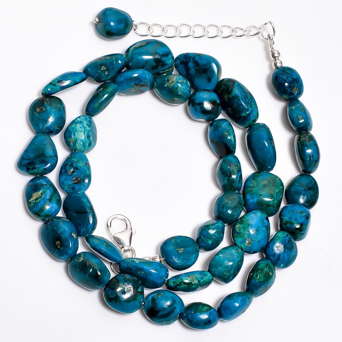Chrysocolla Natural Gemstone Tumbled Shape Smooth Necklace 17-19" Beads 8X8 13X9 mm, 175 Ct. YN-360