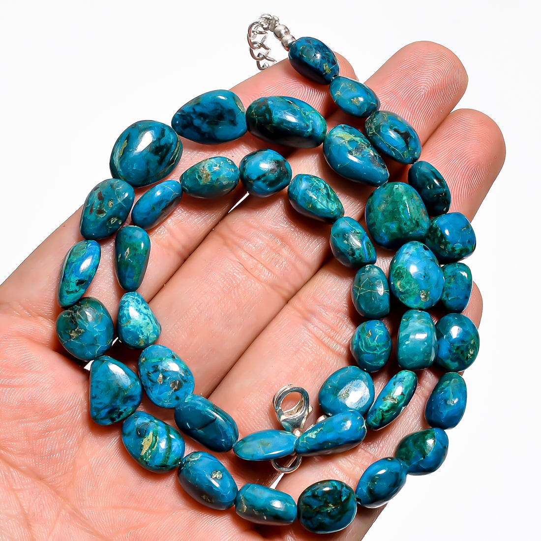 Chrysocolla Natural Gemstone Tumbled Shape Smooth Necklace 17-19" Beads 8X8 13X9 mm, 175 Ct. YN-360