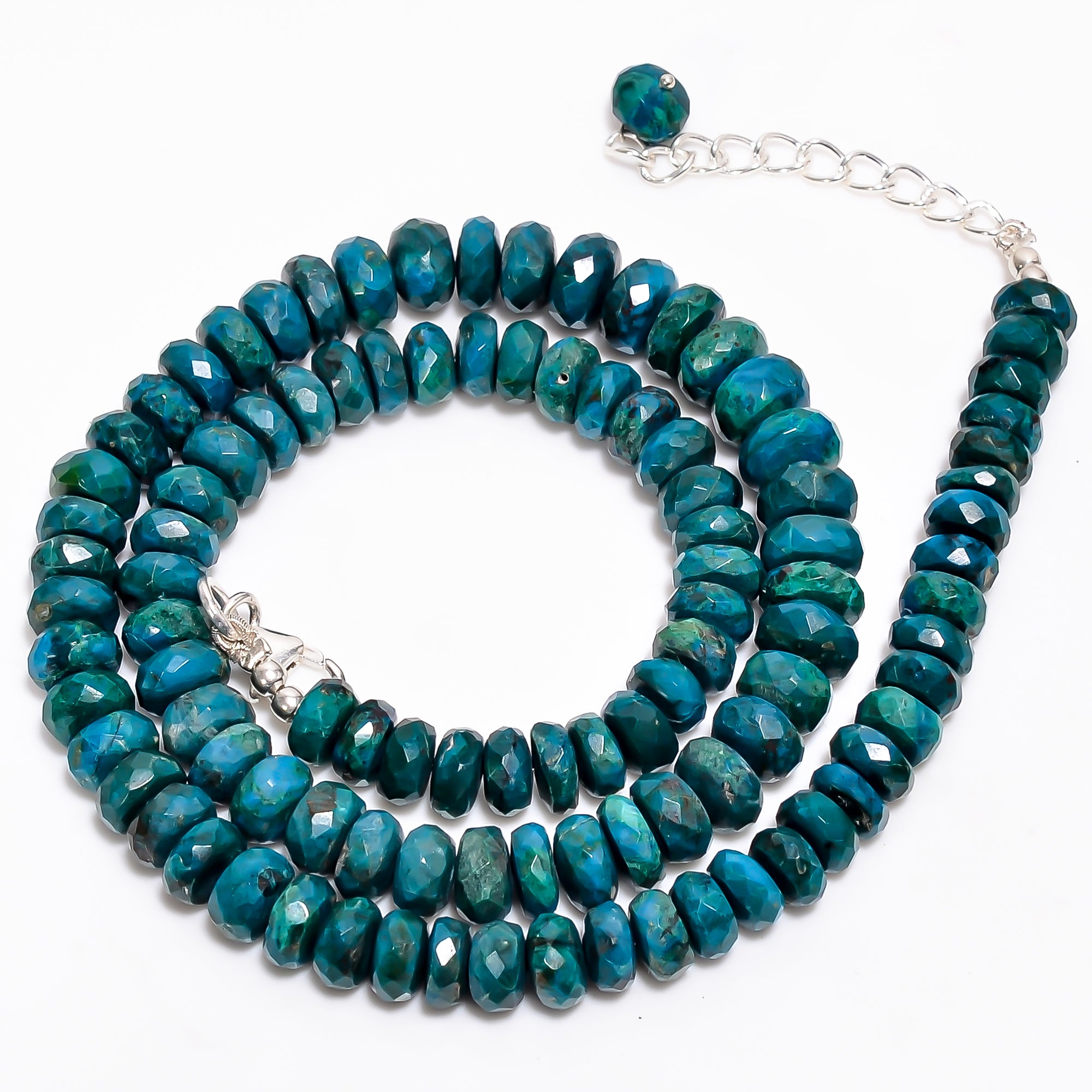 Chrysocolla Natural Gemstone Rondelle Shape Faceted Necklace 17-19" Beads 6X6 8X8 mm, 172.5 Ct. YN-362