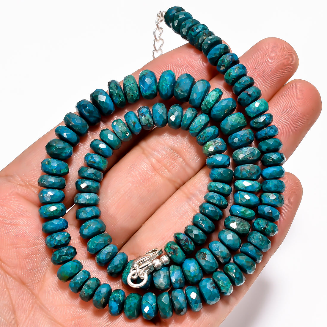 Chrysocolla Natural Gemstone Rondelle Shape Faceted Necklace 17-19" Beads 6X6 8X8 mm, 172.5 Ct. YN-362