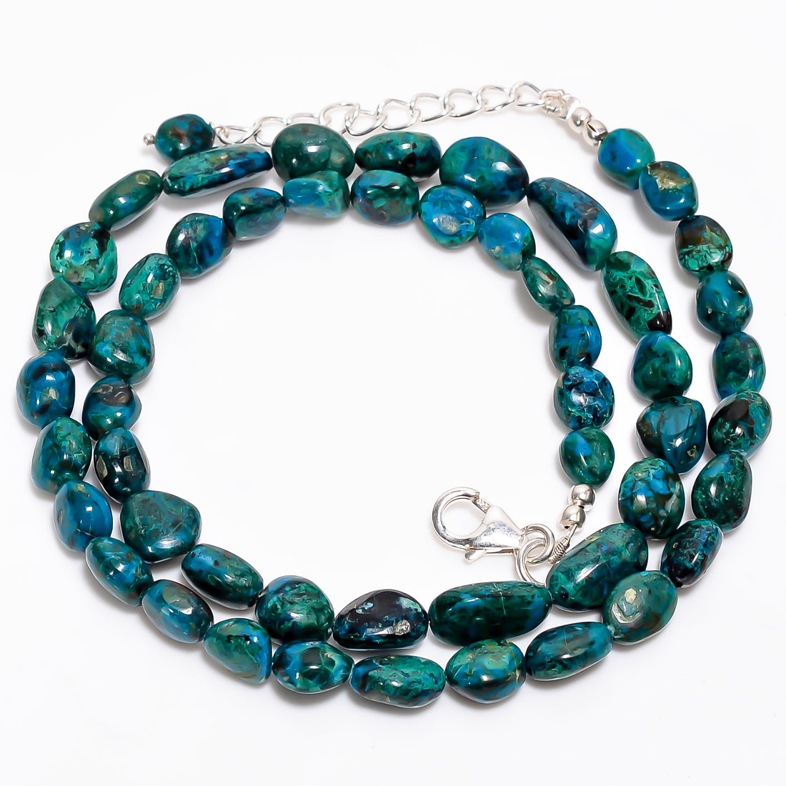 Chrysocolla Natural Gemstone Tumbled Shape Smooth Necklace 17-19" Beads 6X5 12X7 mm, 115.5 Ct. YN-363