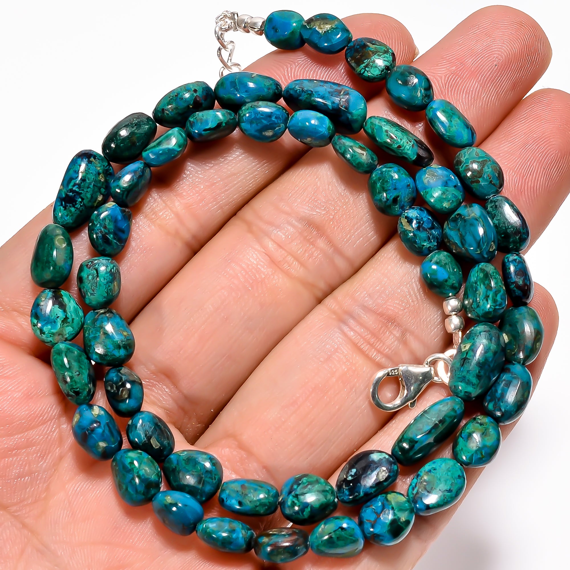 Chrysocolla Natural Gemstone Tumbled Shape Smooth Necklace 17-19" Beads 6X5 12X7 mm, 115.5 Ct. YN-363