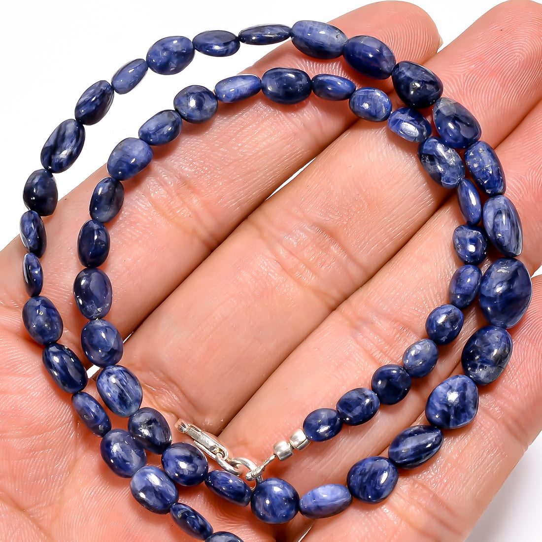 Blue Sapphire Natural Gemstone Oval Shape Smooth Necklace 17-19" Beads 4X3 9X7 mm, 96 Ct. YN-365