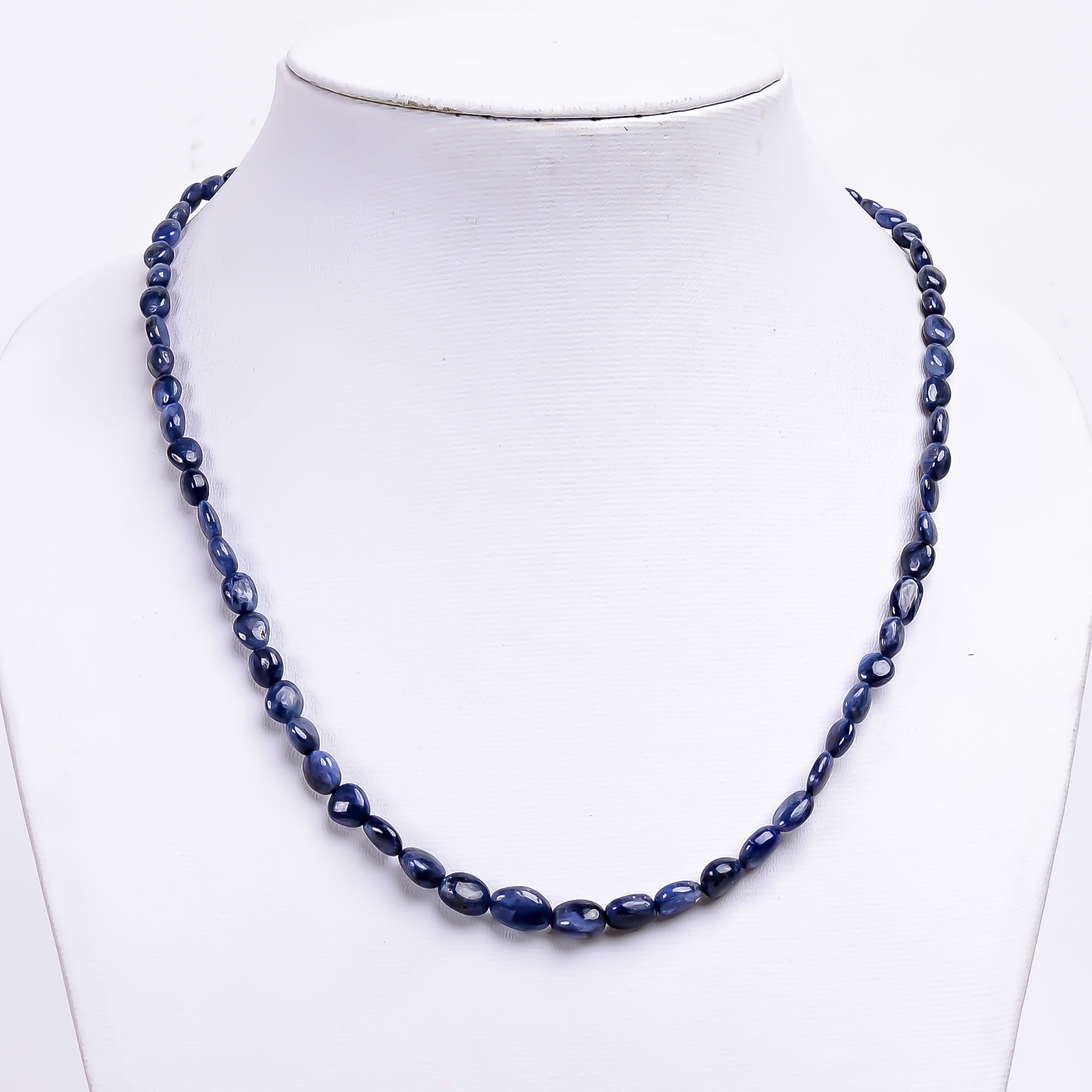 Blue Sapphire Natural Gemstone Oval Shape Smooth Necklace 17-19" Beads 4X3 9X7 mm, 96 Ct. YN-365