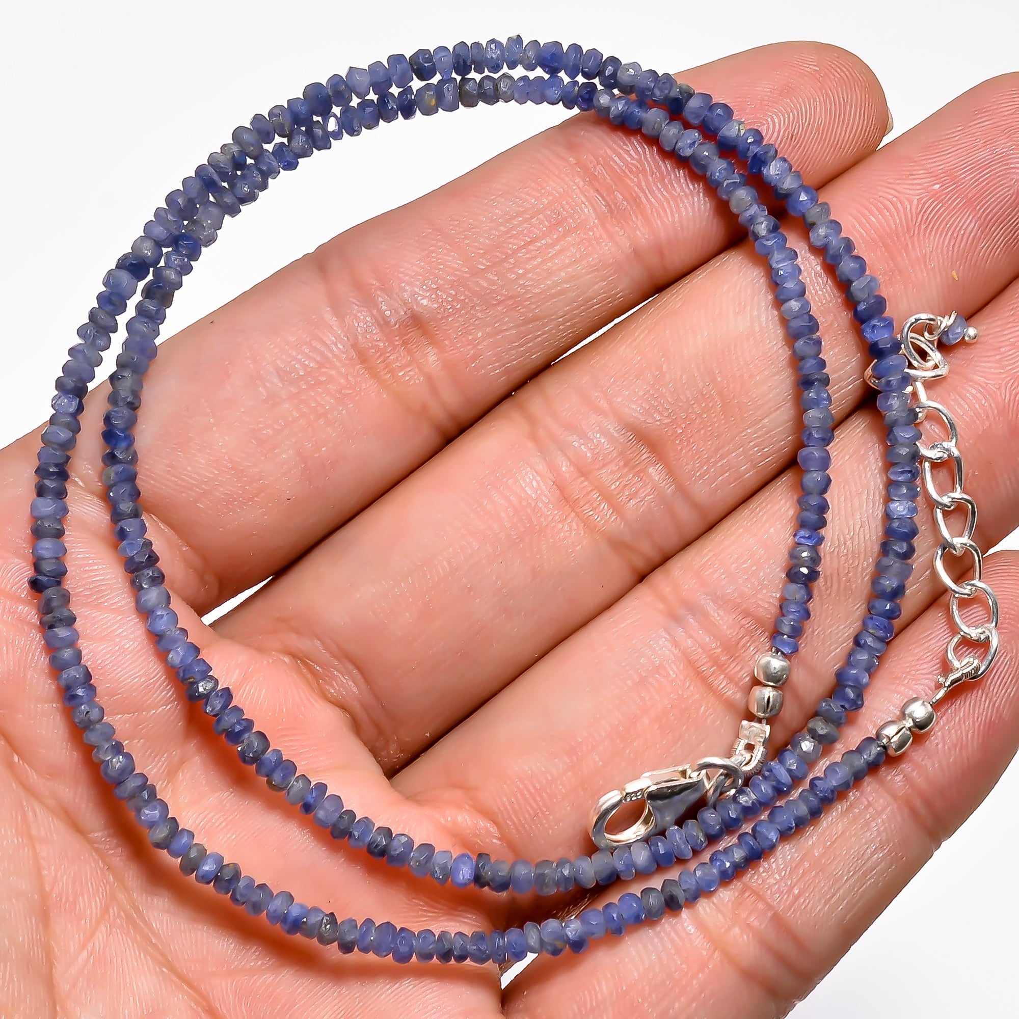 Blue Sapphire Natural Gemstone Rondelle Shape Faceted Necklace 17-19" Beads 2X2 mm, 39 Ct. YN-366