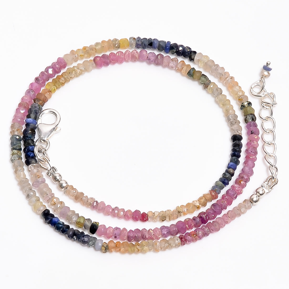 Multi Sapphire Natural Gemstone Rondelle Shape Faceted Necklace 17-19" Beads 3X3X2 mm, 51 Ct. YN-367