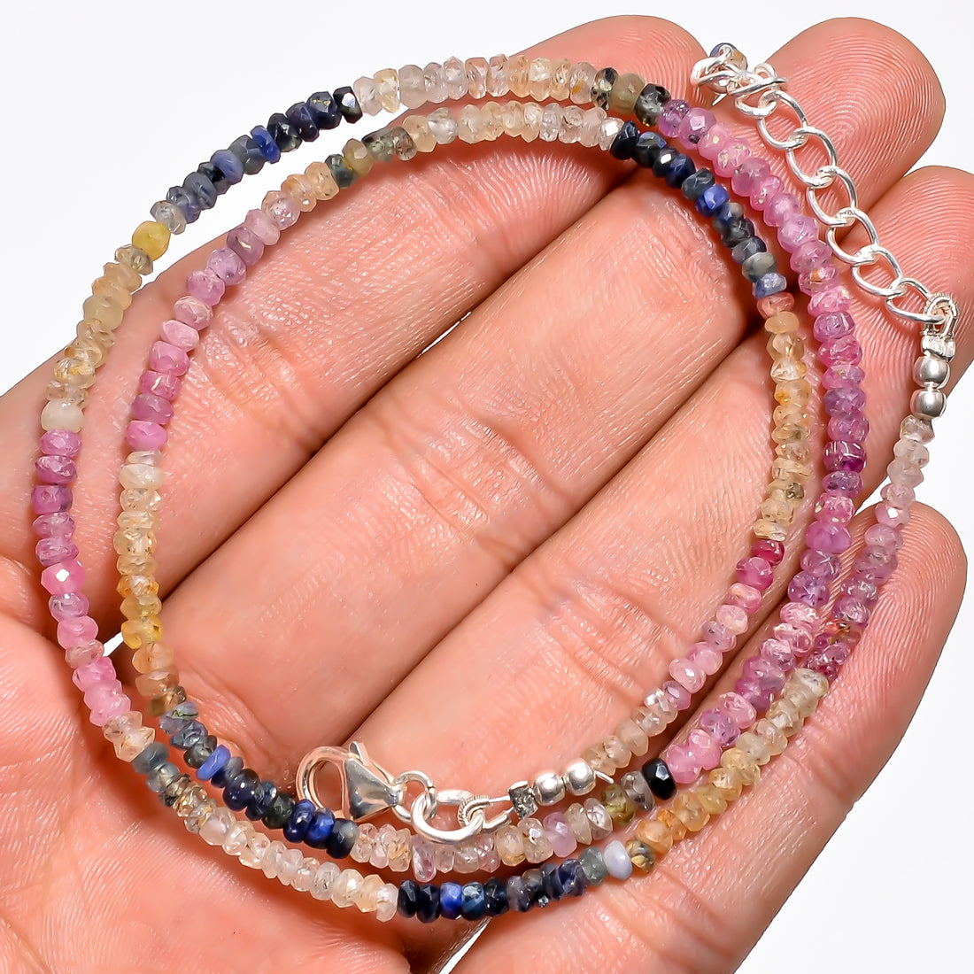Multi Sapphire Natural Gemstone Rondelle Shape Faceted Necklace 17-19" Beads 3X3X2 mm, 51 Ct. YN-367