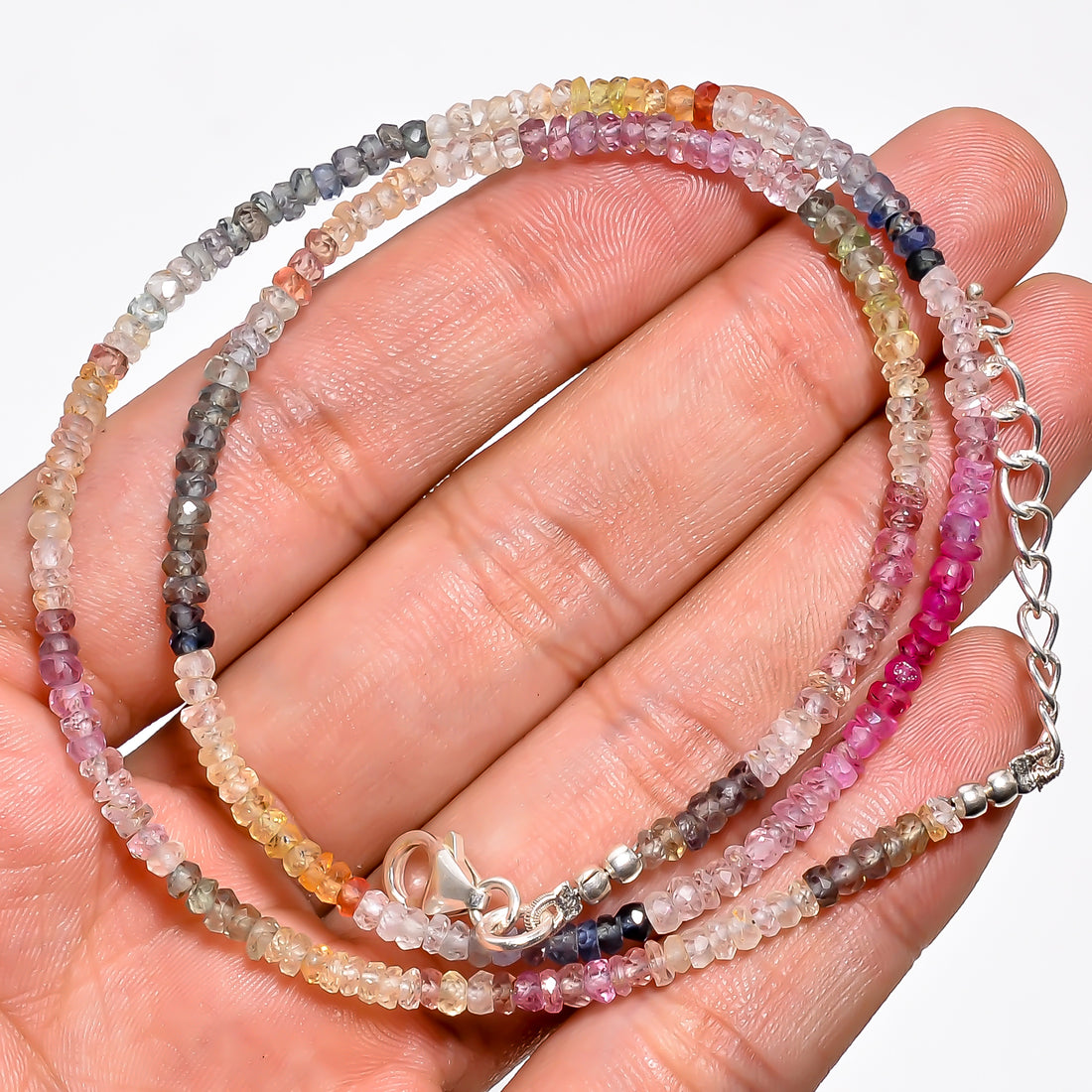 Multi Sapphire Natural Gemstone Rondelle Shape Faceted Necklace 17-19" Beads 3X3X2 mm, 50.5 Ct. YN-368